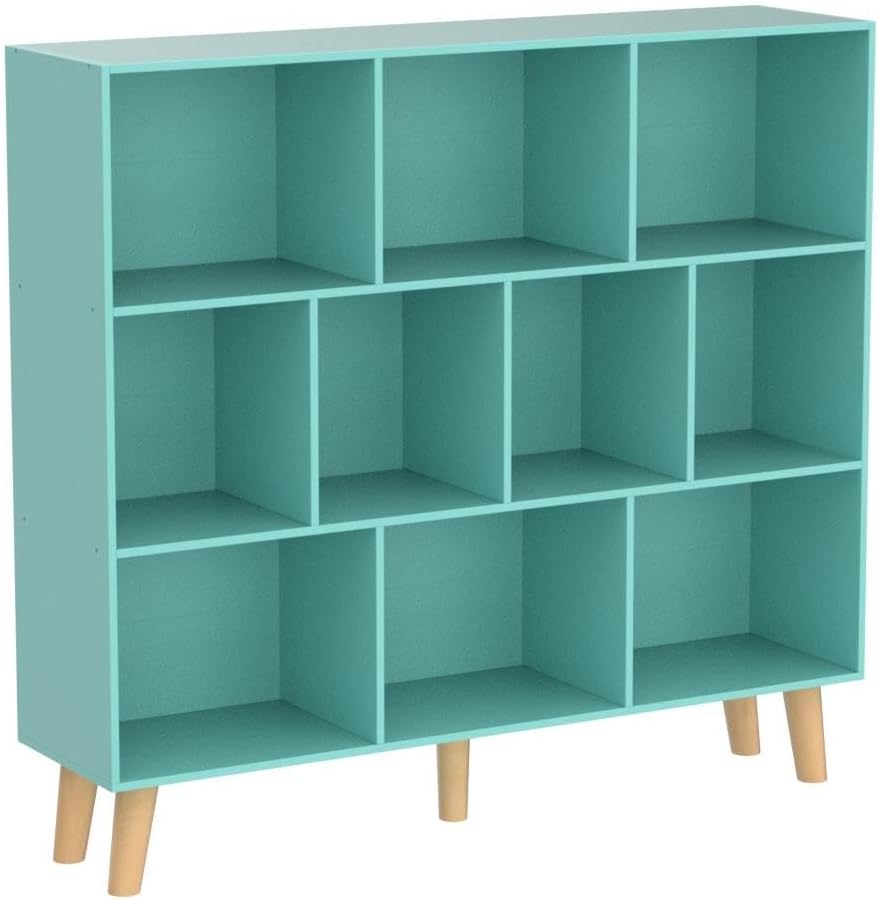 10 Cube Bookshelf,3 Tier Modern Wide Bookcase with Legs,Mid-Century Wood Bookshelves Storage,Large Book Case,Freestanding Organizer Display Shelf for Bedroom,Living Room,Office