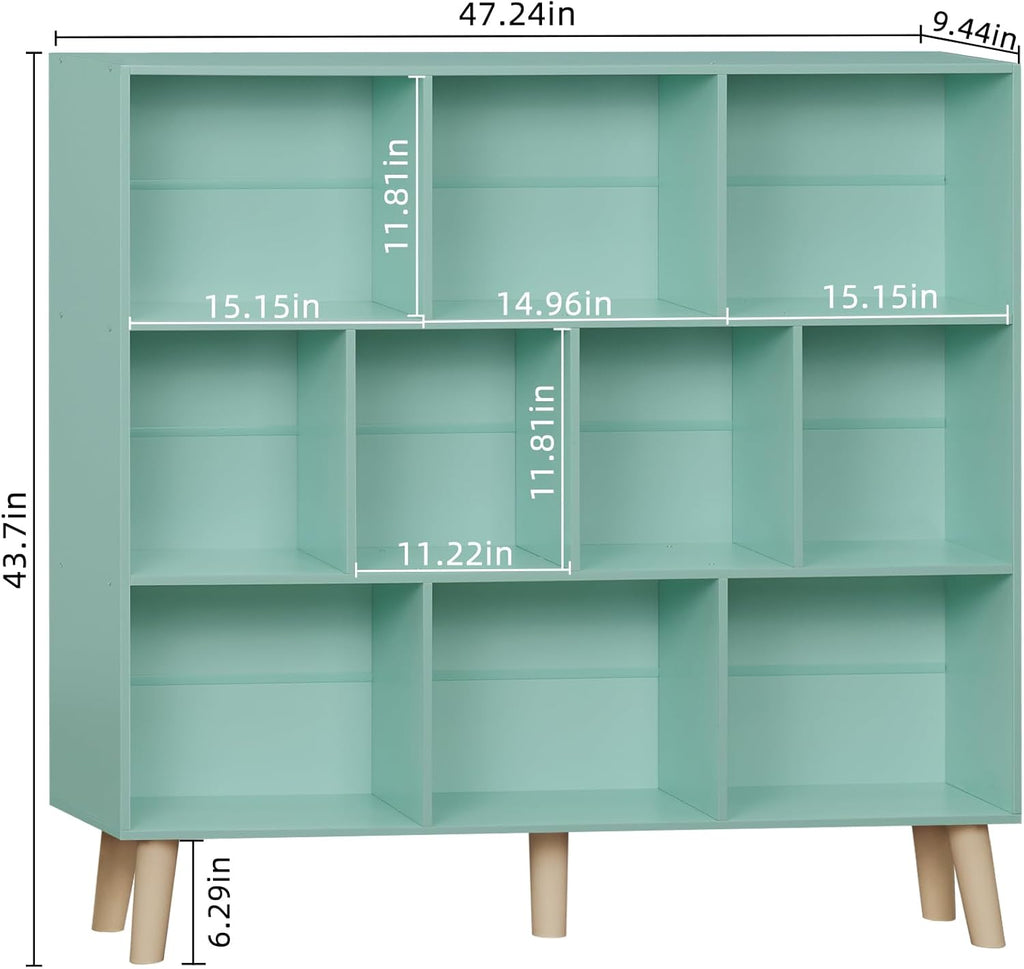 10 Cube Bookshelf,3 Tier Modern Wide Bookcase with Legs,Mid-Century Wood Bookshelves Storage,Large Book Case,Freestanding Organizer Display Shelf for Bedroom,Living Room,Office