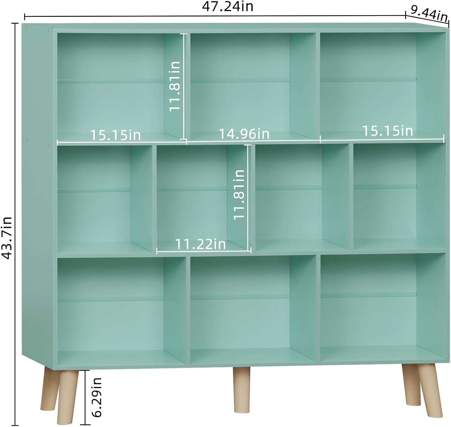 10 Cube Bookshelf,3 Tier Modern Wide Bookcase with Legs,Mid-Century Wood Bookshelves Storage,Large Book Case,Freestanding Organizer Display Shelf for Bedroom,Living Room,Office