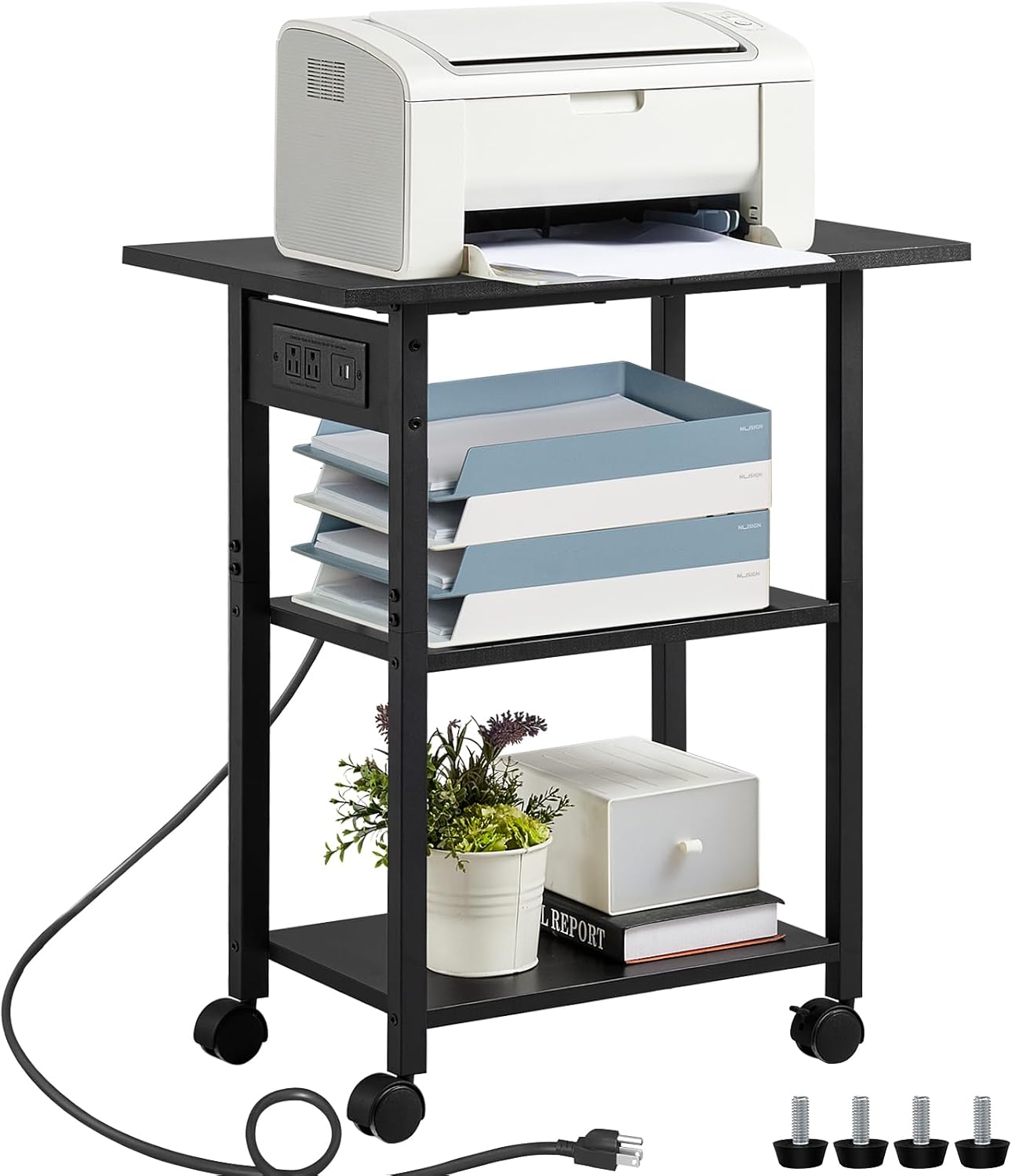 3-Tier Printer Stand with Charging Station, Industrial Mobile Printer Table with Storage Shelf and Steel Frame, Rolling Printer Cart Holder with Lockable Wheels for Home, Office
