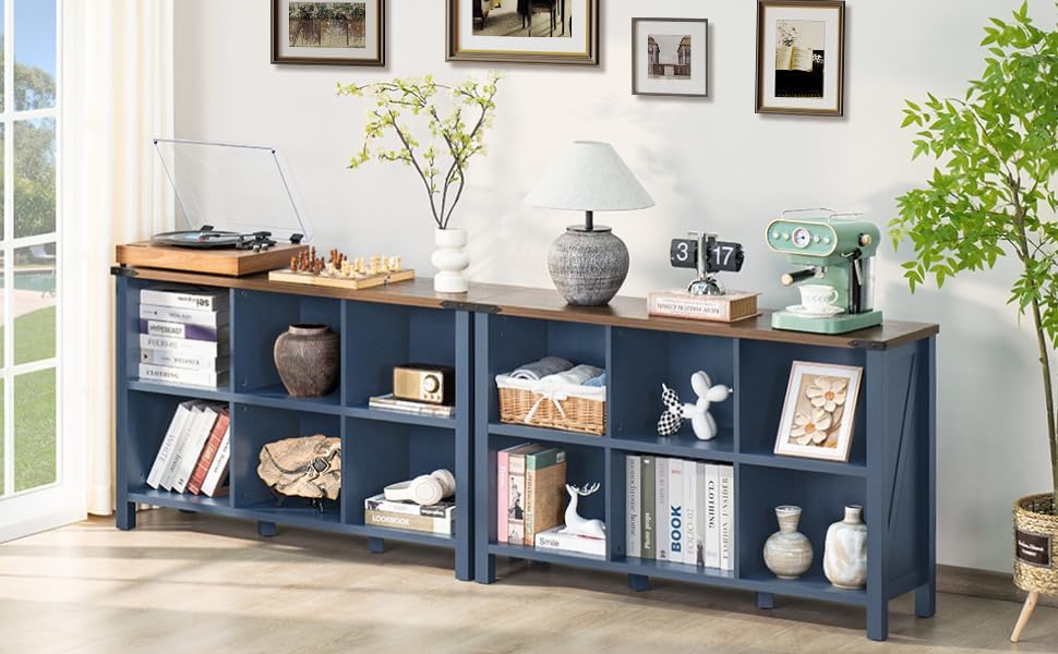1-1 6 Cube Bookcase, Farmhouse Wood Low Storage Organizer Book Shelf, 47" Horizontal Navy Blue Console Bookshelf with Legs, Hallway Book Case for Entryway, Display Cabinet for Living Room, Office