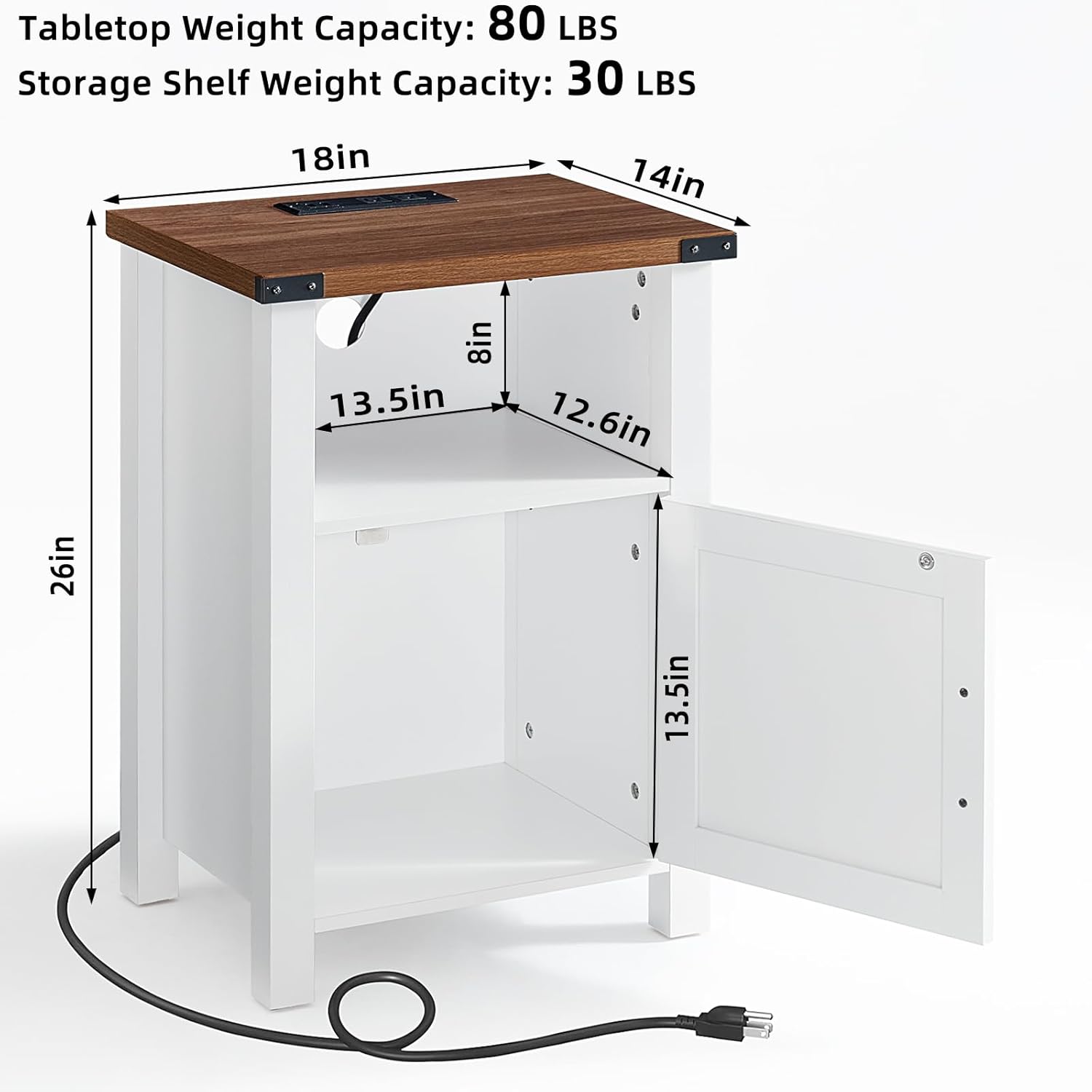 18" Farmhouse Nightstand with Charging Station,Wood Night Stand with Open Storage Shelf, Rustic Bedside End Table for Bedroom,Rectangular Modern Sofa Couch Side Table for Living Room