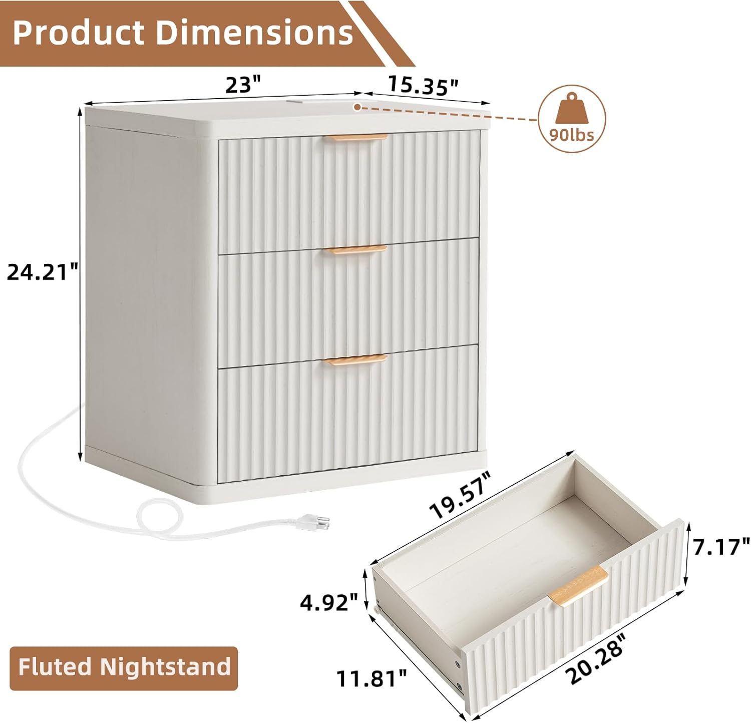 23" Wide Fluted Night Stand with Charging Station,3 Drawers Large End Table with Storage,White Nightstand Wood Bedside Tables, Farmhouse Cabinet Dresser for Bedroom,Closet
