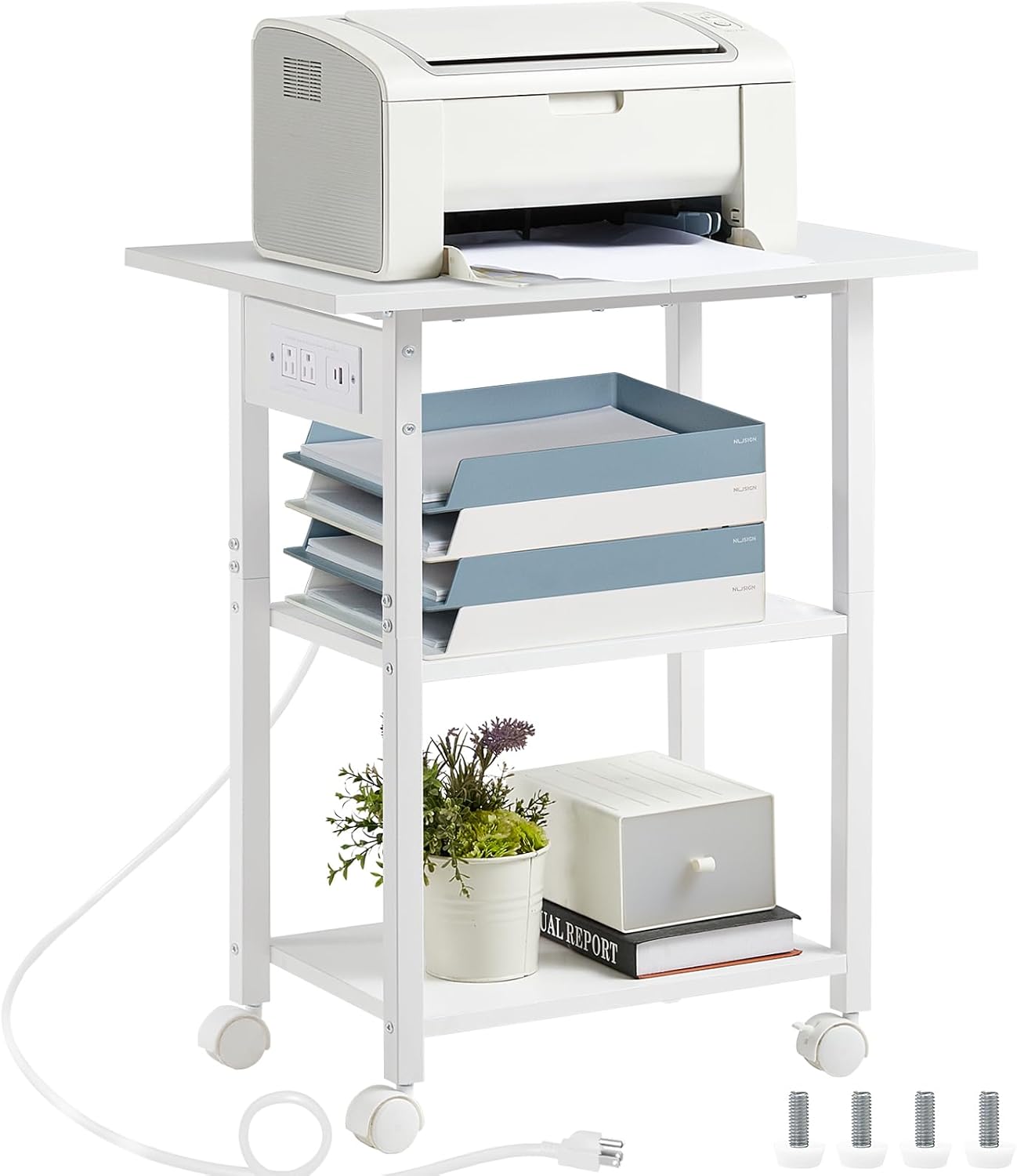 3-Tier Printer Stand with Charging Station, Industrial Mobile Printer Table with Storage Shelf and Steel Frame, Rolling Printer Cart Holder with Lockable Wheels for Home, Office