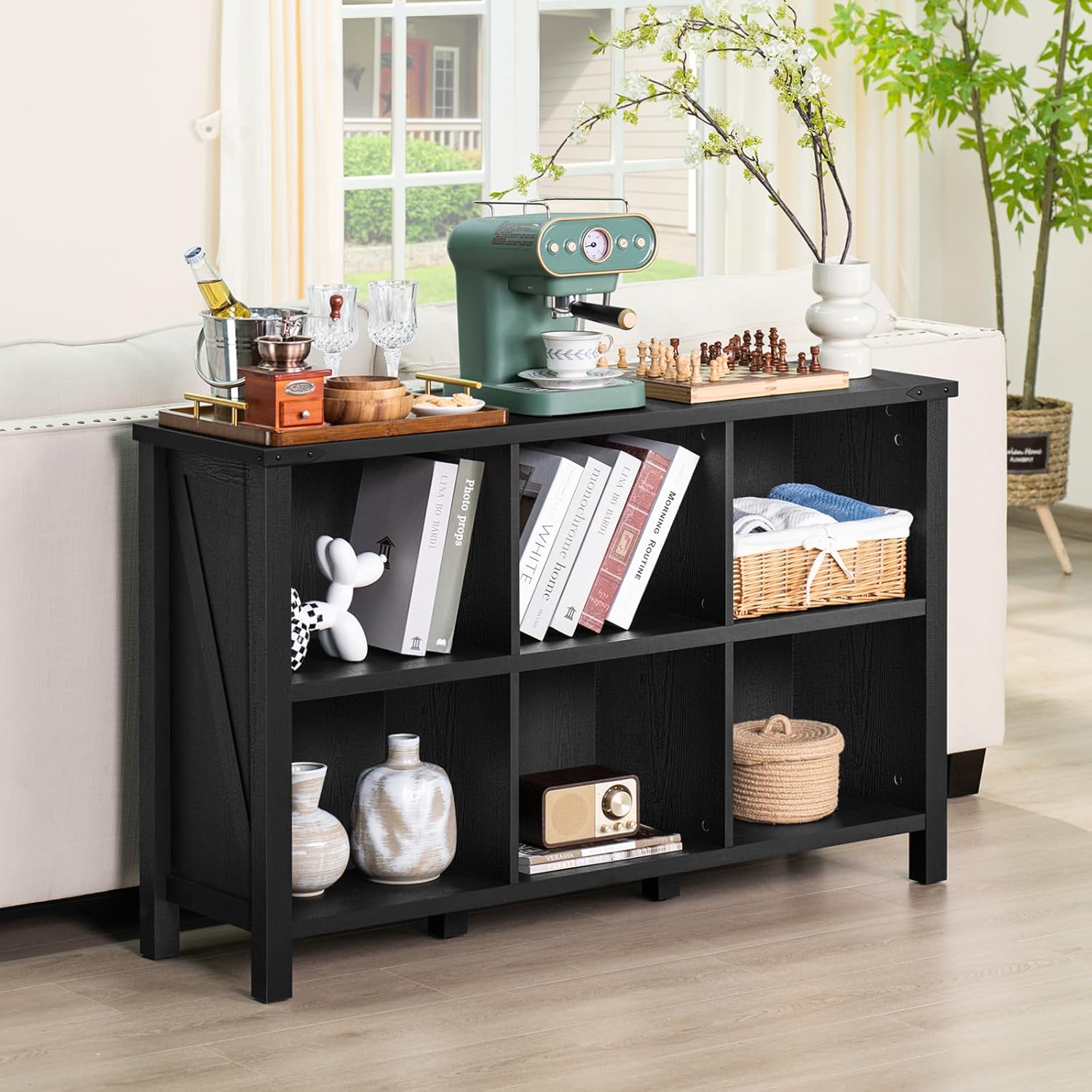 1-2 6 Cube Bookcase, Farmhouse Wood Low Storage Organizer Book Shelf, Black 47" Horizontal Console Bookshelf with Legs, Hallway Book Case for Entryway, Display Cabinet for Living Room, Office