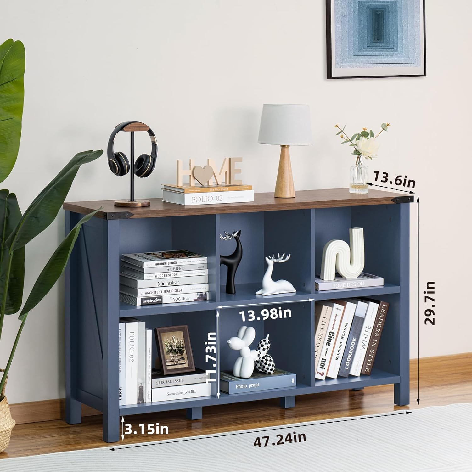 1-1 6 Cube Bookcase, Farmhouse Wood Low Storage Organizer Book Shelf, 47" Horizontal Navy Blue Console Bookshelf with Legs, Hallway Book Case for Entryway, Display Cabinet for Living Room, Office
