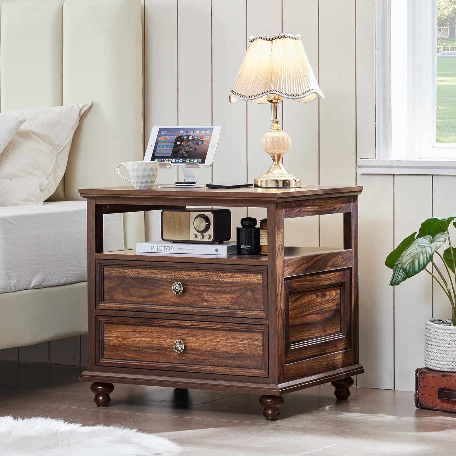 24" Wide Farmhouse Night Stand,Large End Table with 2 Drawers & Metal Handle,Wood Dresser for Bedroom,Bed Side Table Chest of Drawers Cabinet,Nightstand for Living Room,Closet