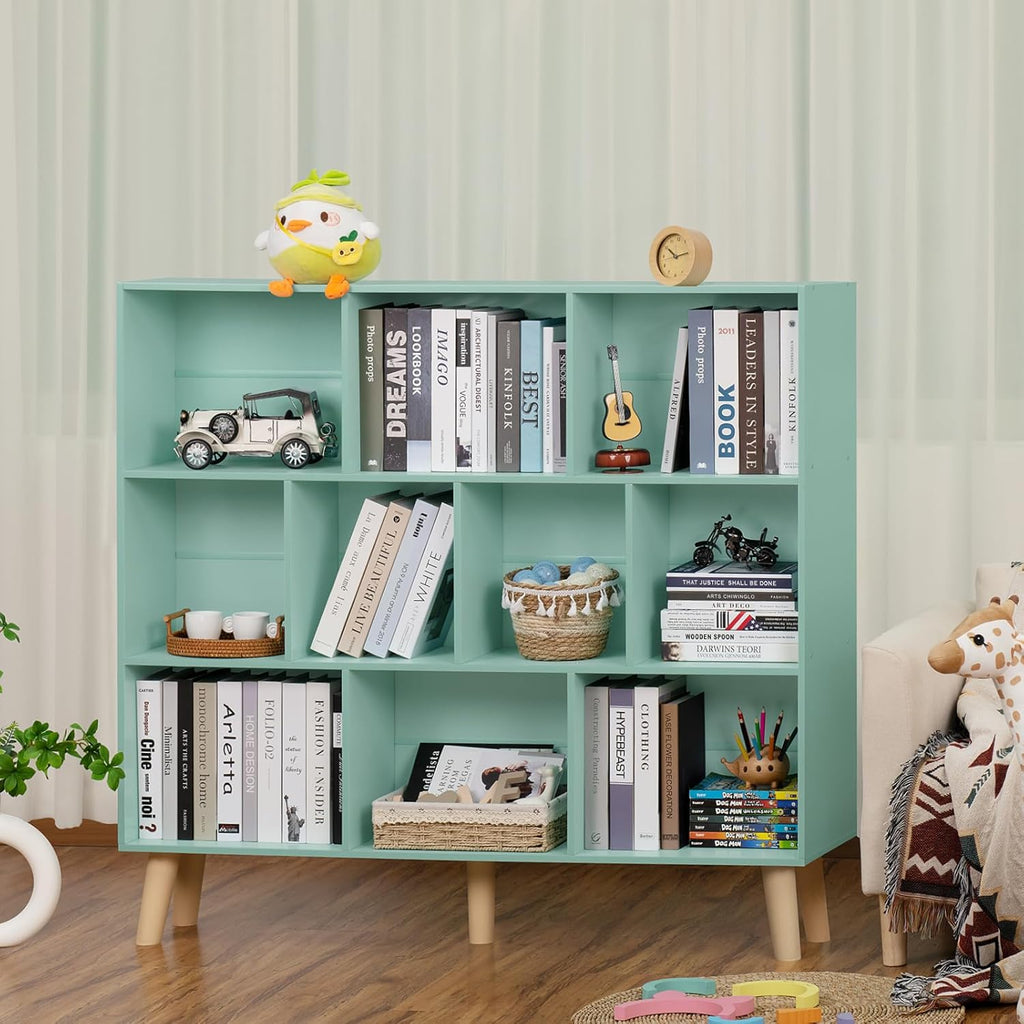 10 Cube Bookshelf,3 Tier Modern Wide Bookcase with Legs,Mid-Century Wood Bookshelves Storage,Large Book Case,Freestanding Organizer Display Shelf for Bedroom,Living Room,Office