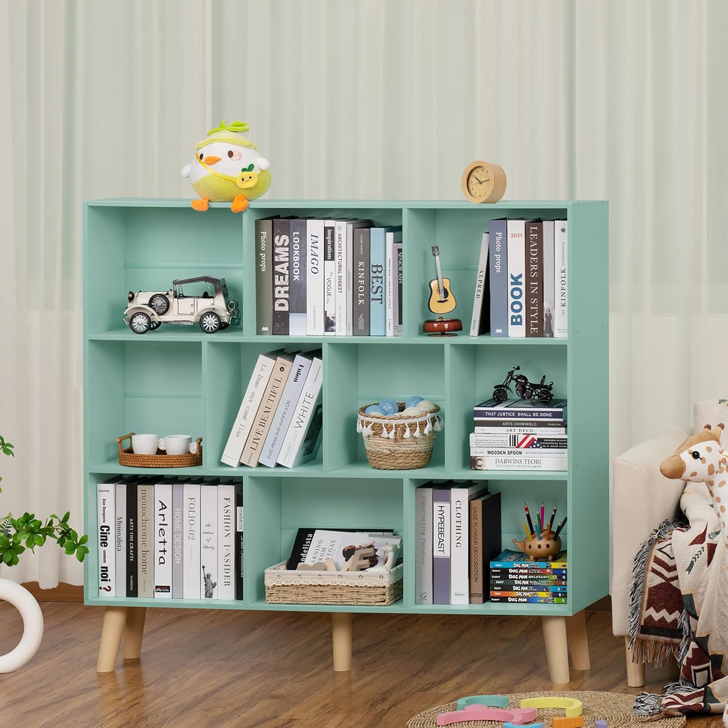 10 Cube Bookshelf,3 Tier Modern Wide Bookcase with Legs,Mid-Century Wood Bookshelves Storage,Large Book Case,Freestanding Organizer Display Shelf for Bedroom,Living Room,Office