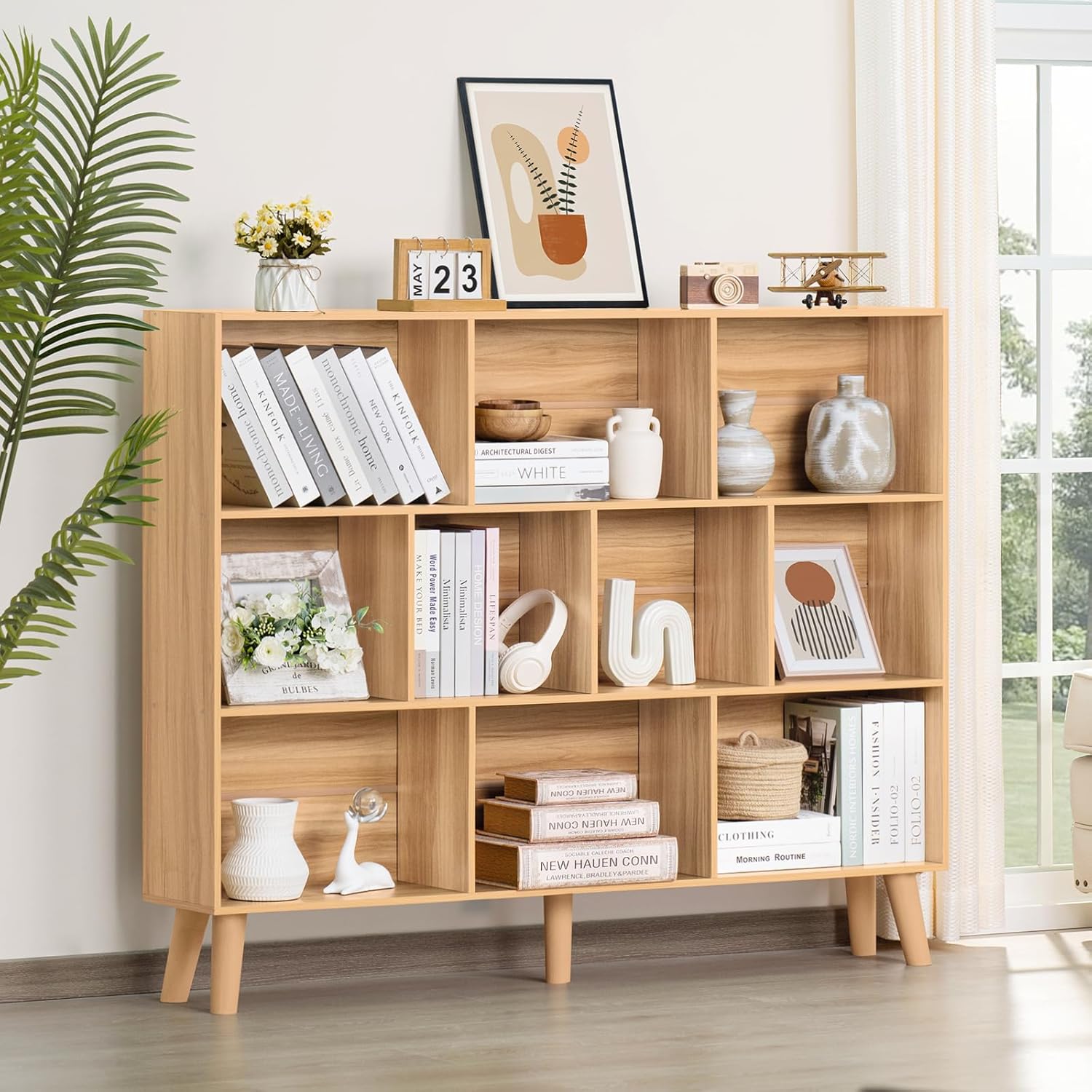 10 Cube Bookshelf,3 Tier 55.12" Wide Boho Bookcase with Legs,Mid-Century Wood Bookshelves Storage,Natural Large Book Case,Freestanding Organizer Display Shelf for Bedroom,Living Room,Office