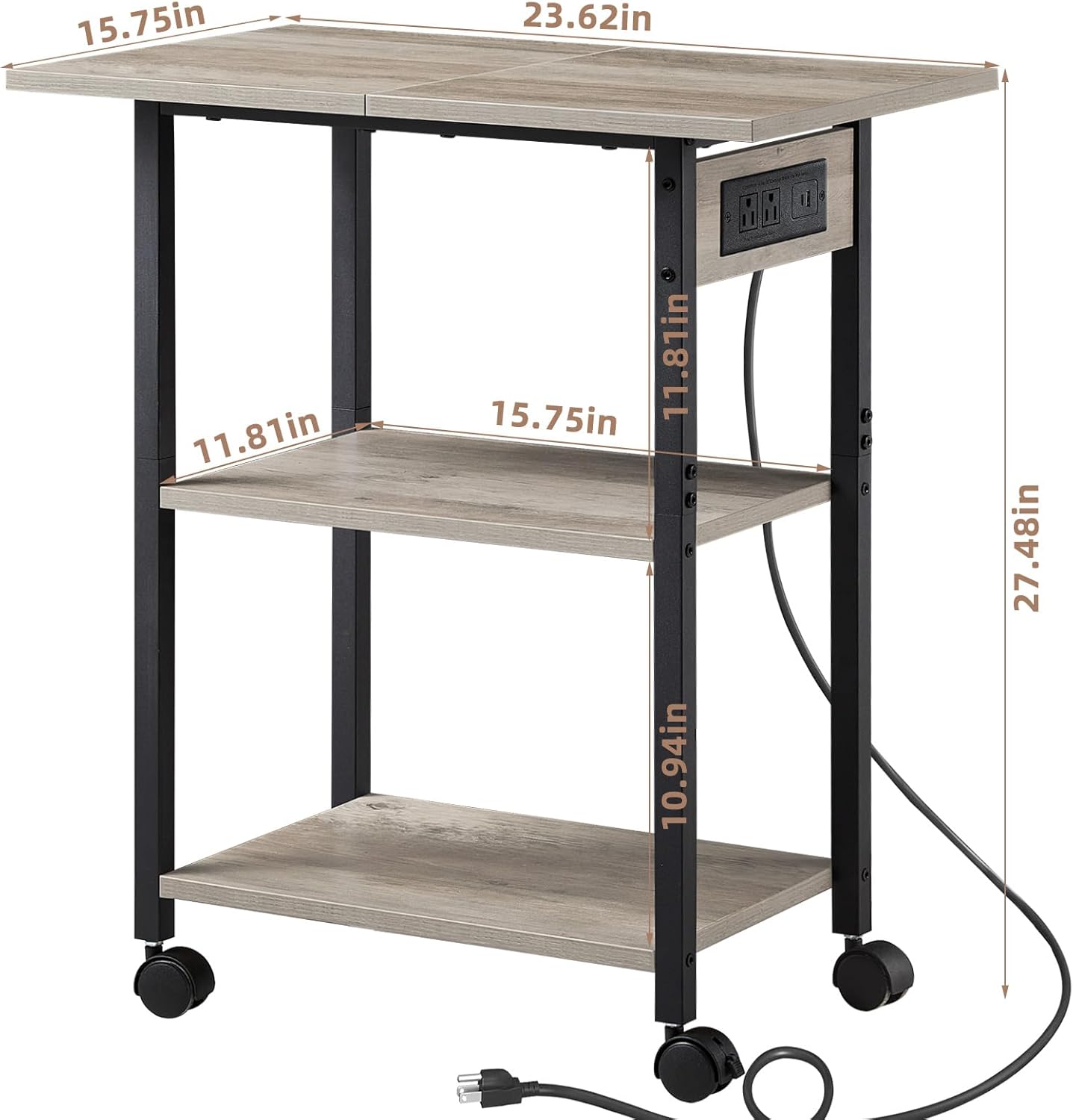 3-Tier Printer Stand with Charging Station, Industrial Mobile Printer Table with Storage Shelf and Steel Frame, Rolling Printer Cart Holder with Lockable Wheels for Home, Office