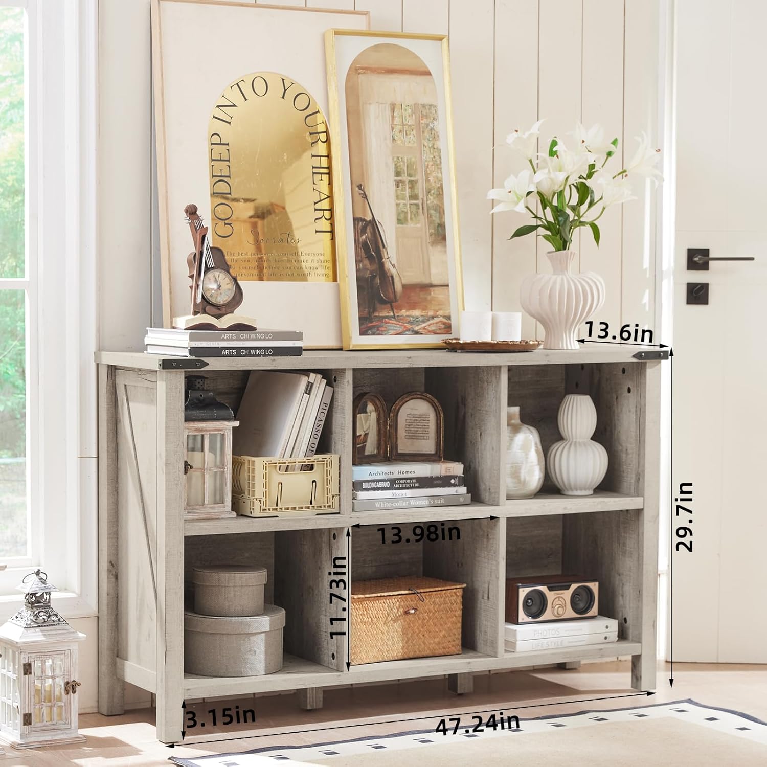 1-4 Farmhouse 6 Cube Bookshelf, Rustic Grey Oak Wooden Storage Organizer Book Shelf, 47 Inch Cubby Hallway Bookcase, Kids Toy Storage Cabinet, Modern Open Book Case for Living Room, Hallway