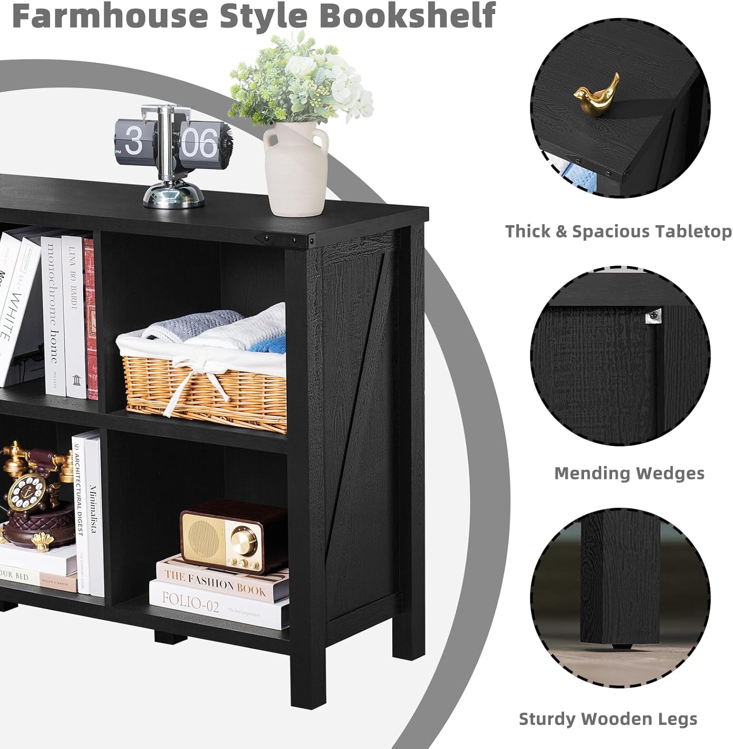 2-2 8 Cube Book Shelf, Farmhouse Wood Long Storage Organizer Bookcase, 62" Horizontal Black Console Closet Bookshelf, Hallway TV Stand for Entryway, Display Cabinet Book Case for Living Room