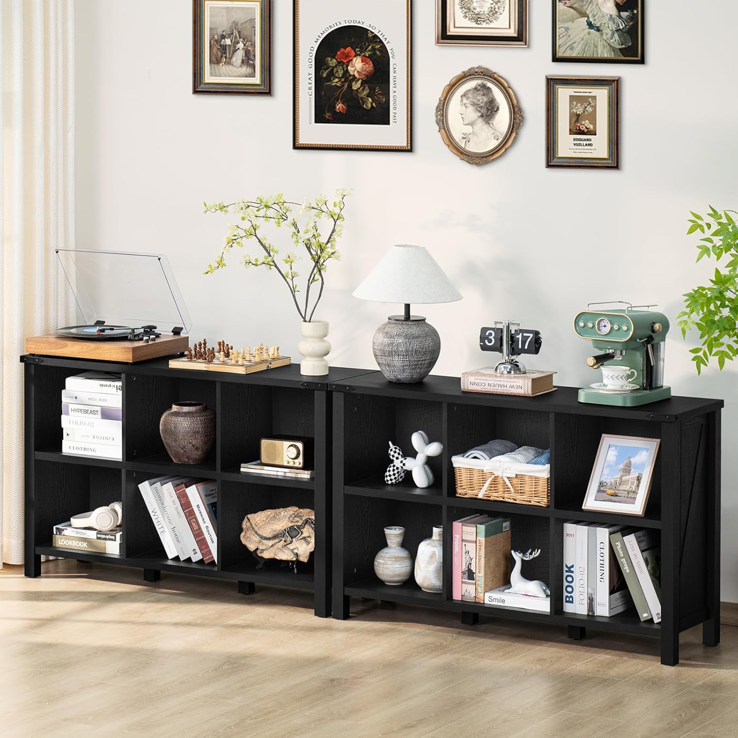 1-2 6 Cube Bookcase, Farmhouse Wood Low Storage Organizer Book Shelf, Black 47" Horizontal Console Bookshelf with Legs, Hallway Book Case for Entryway, Display Cabinet for Living Room, Office