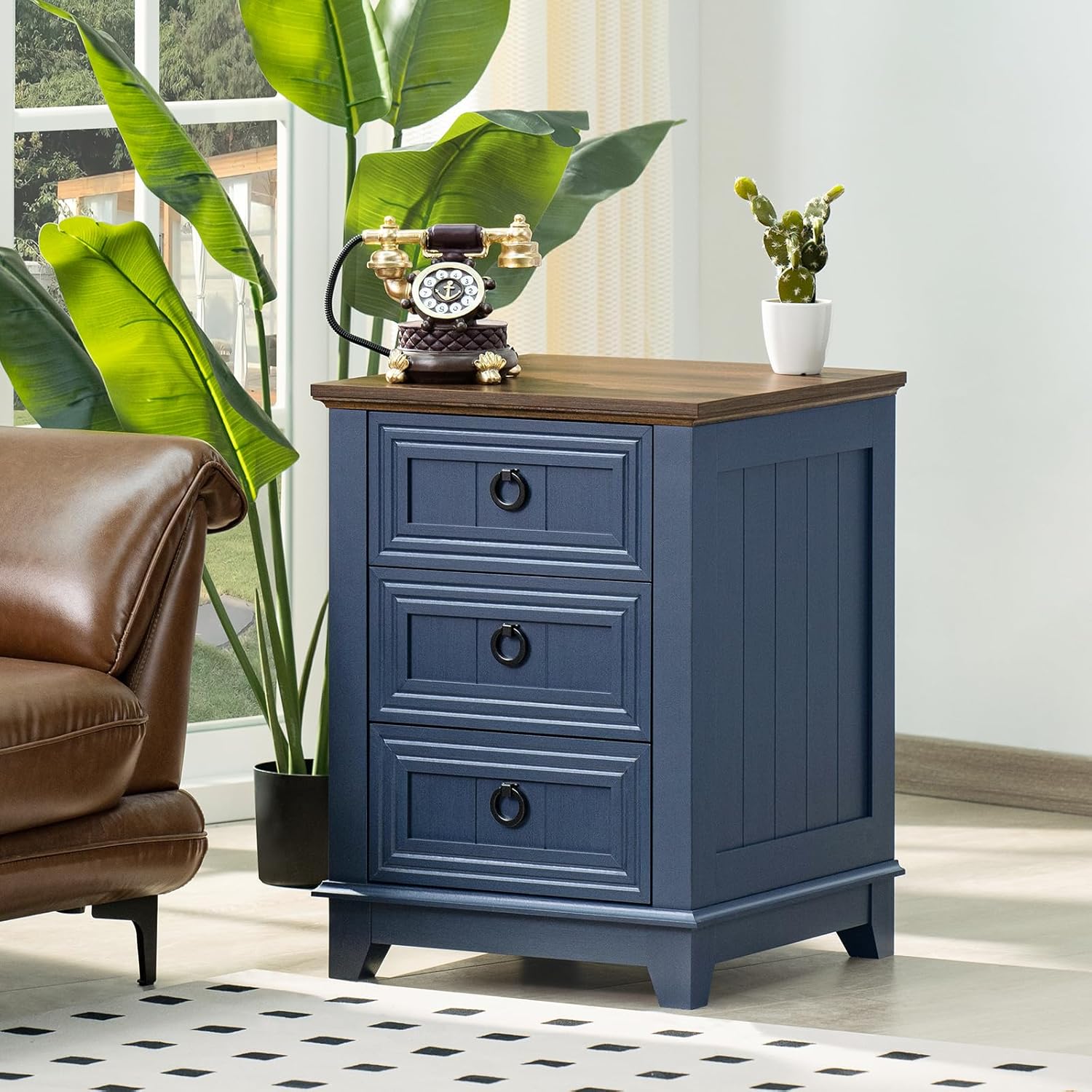 18" Farmhouse Night Stands Set of 2 with 3 Drawers, Wood Bedside End Table, Natural Nightstand, Bed Side Table Cabinet with Metal Handle for Bedroom Living Room, Closet