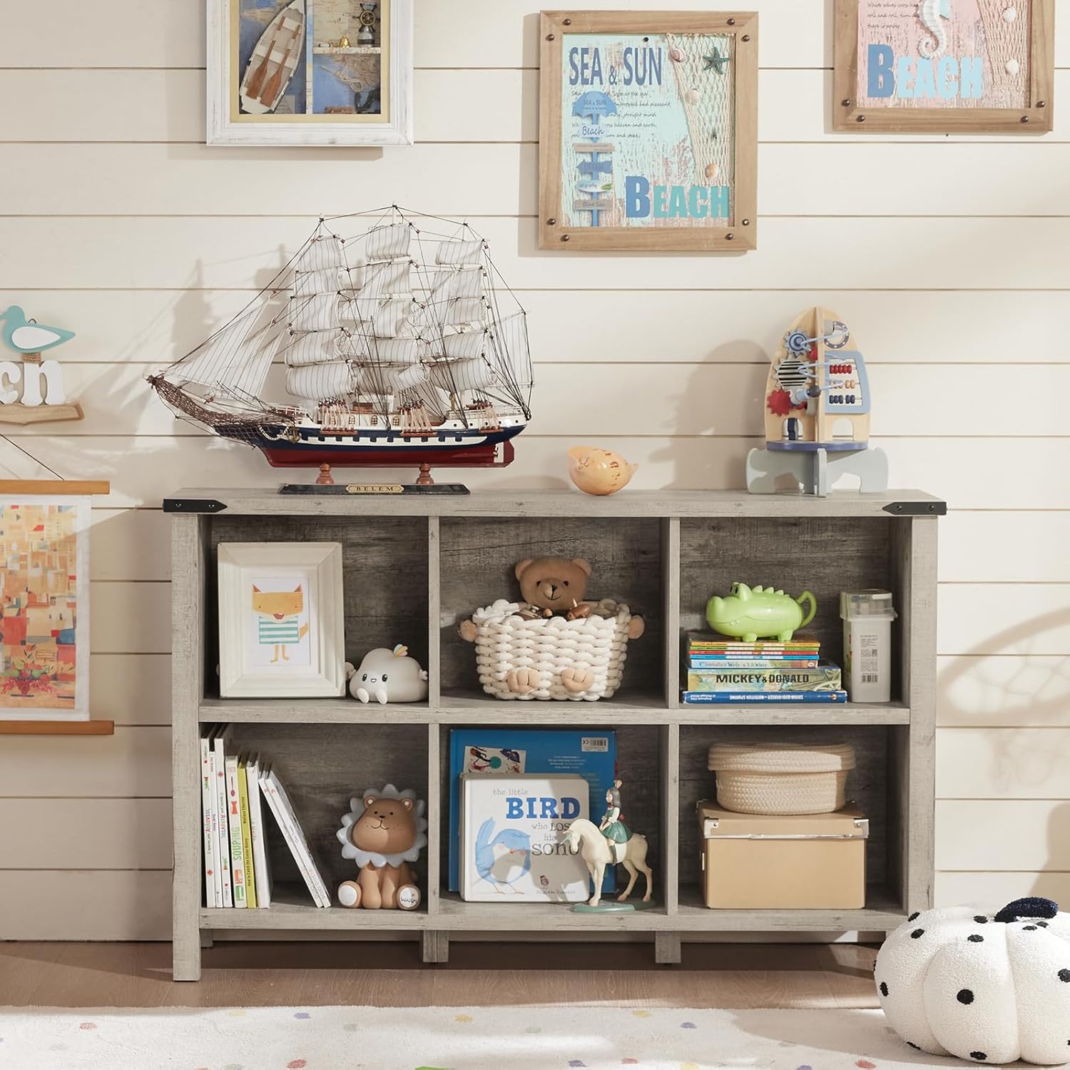 1-4 Farmhouse 6 Cube Bookshelf, Rustic Grey Oak Wooden Storage Organizer Book Shelf, 47 Inch Cubby Hallway Bookcase, Kids Toy Storage Cabinet, Modern Open Book Case for Living Room, Hallway