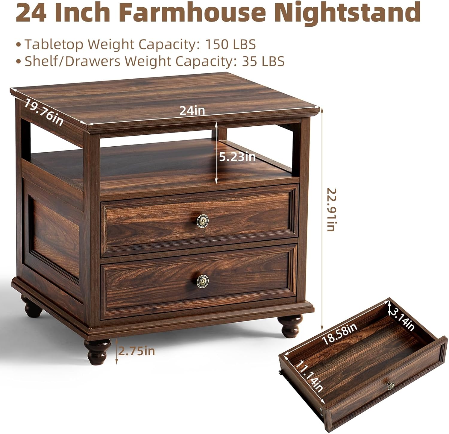 24" Wide Farmhouse Night Stand,Large End Table with 2 Drawers & Metal Handle,Wood Dresser for Bedroom,Bed Side Table Chest of Drawers Cabinet,Nightstand for Living Room,Closet