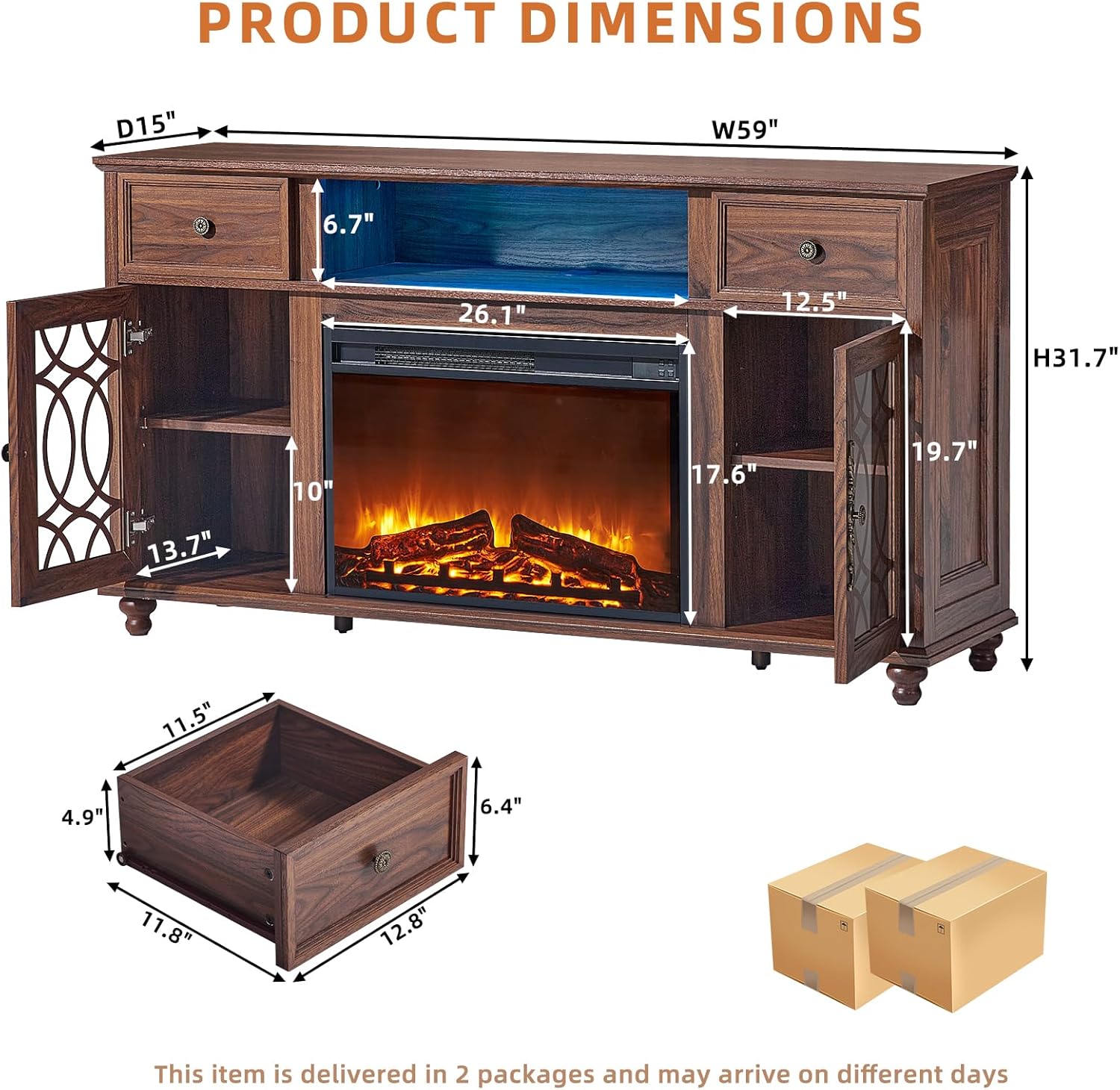 Farmhouse Fireplace TV Stand, 59" Entertainment Center with Electric Fireplace & LED Lights for TVs up to 65'', Glass Door Fire Place TV Stands for Living Room, Media Console w/Drawers,Brown