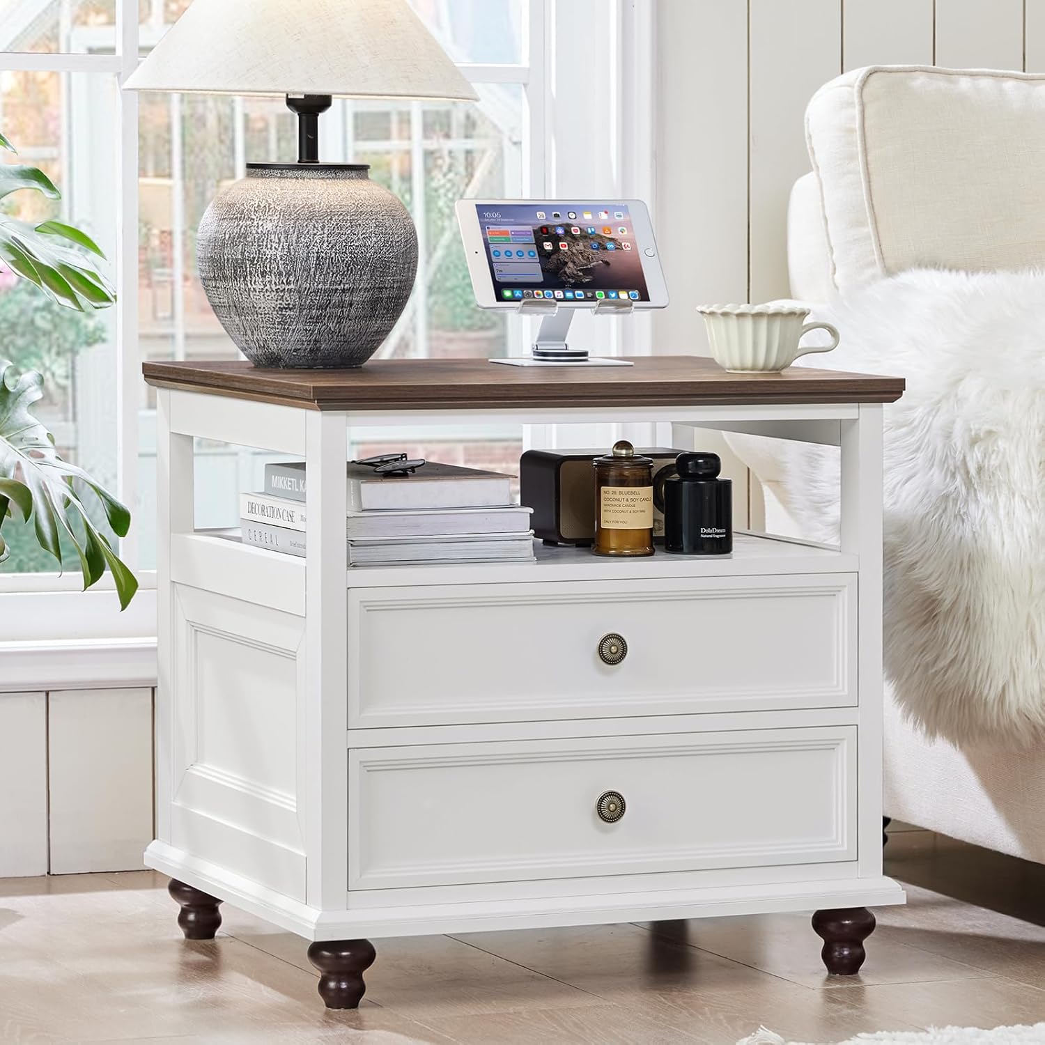 24" Wide Farmhouse Night Stand,Large End Table with 2 Drawers & Metal Handle,Wood Dresser for Bedroom,Bed Side Table Chest of Drawers Cabinet,Nightstand for Living Room,Closet