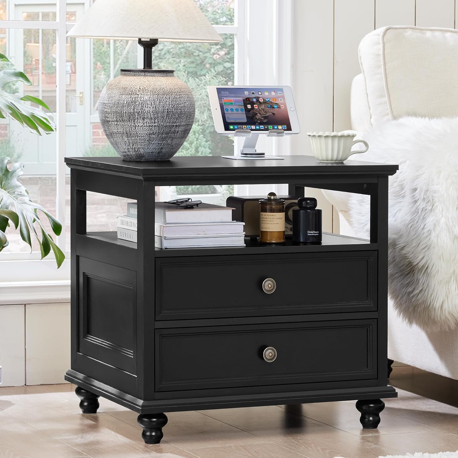 24" Wide Farmhouse Night Stand,Large End Table with 2 Drawers & Metal Handle,Wood Dresser for Bedroom,Bed Side Table Chest of Drawers Cabinet,Nightstand for Living Room,Closet
