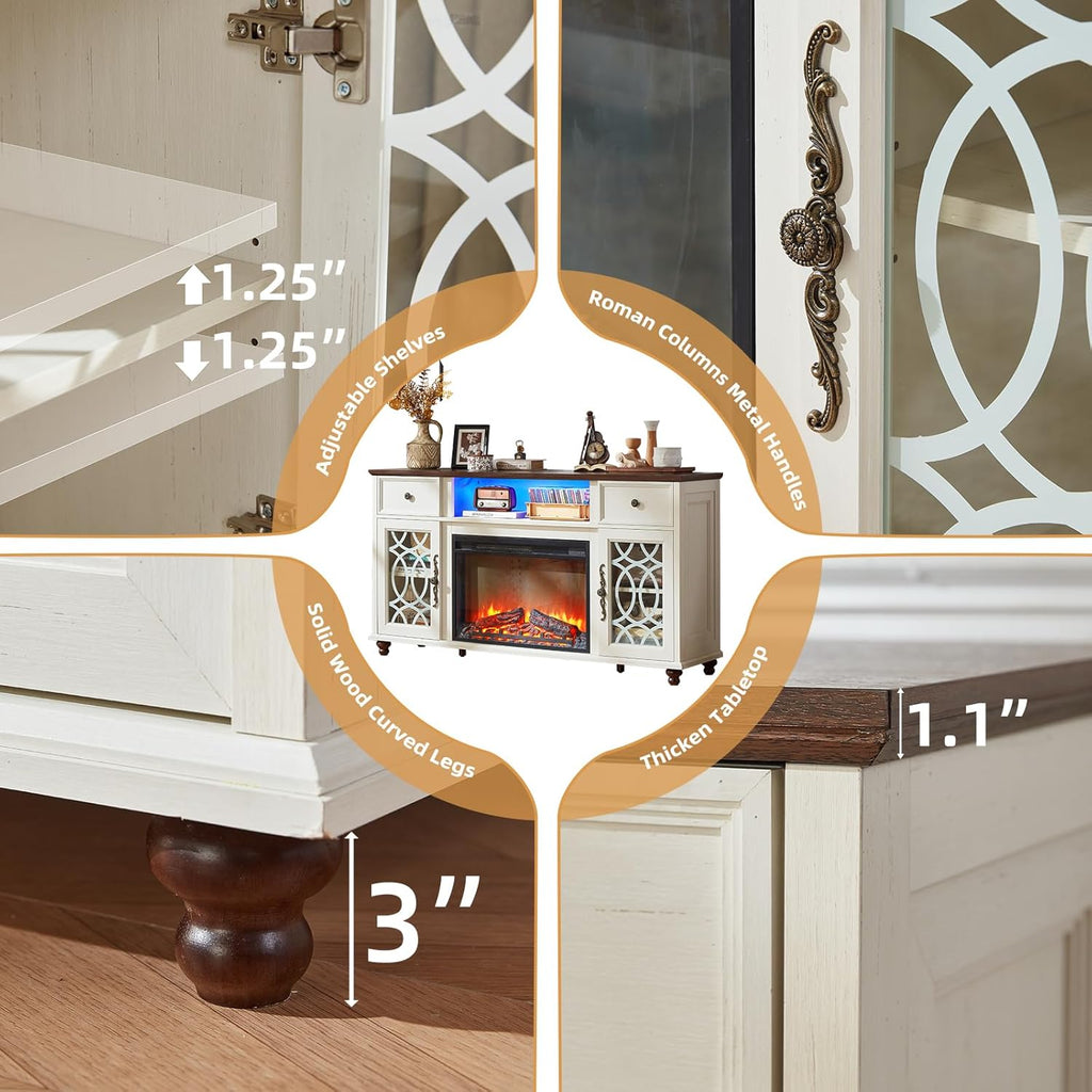 Farmhouse White Fireplace TV Stand, 59" Entertainment Center with Electric Fireplace & LED Lights for TVs up to 65'', Glass Door Fire Place TV Stands for Living Room, Media Console w/Drawers