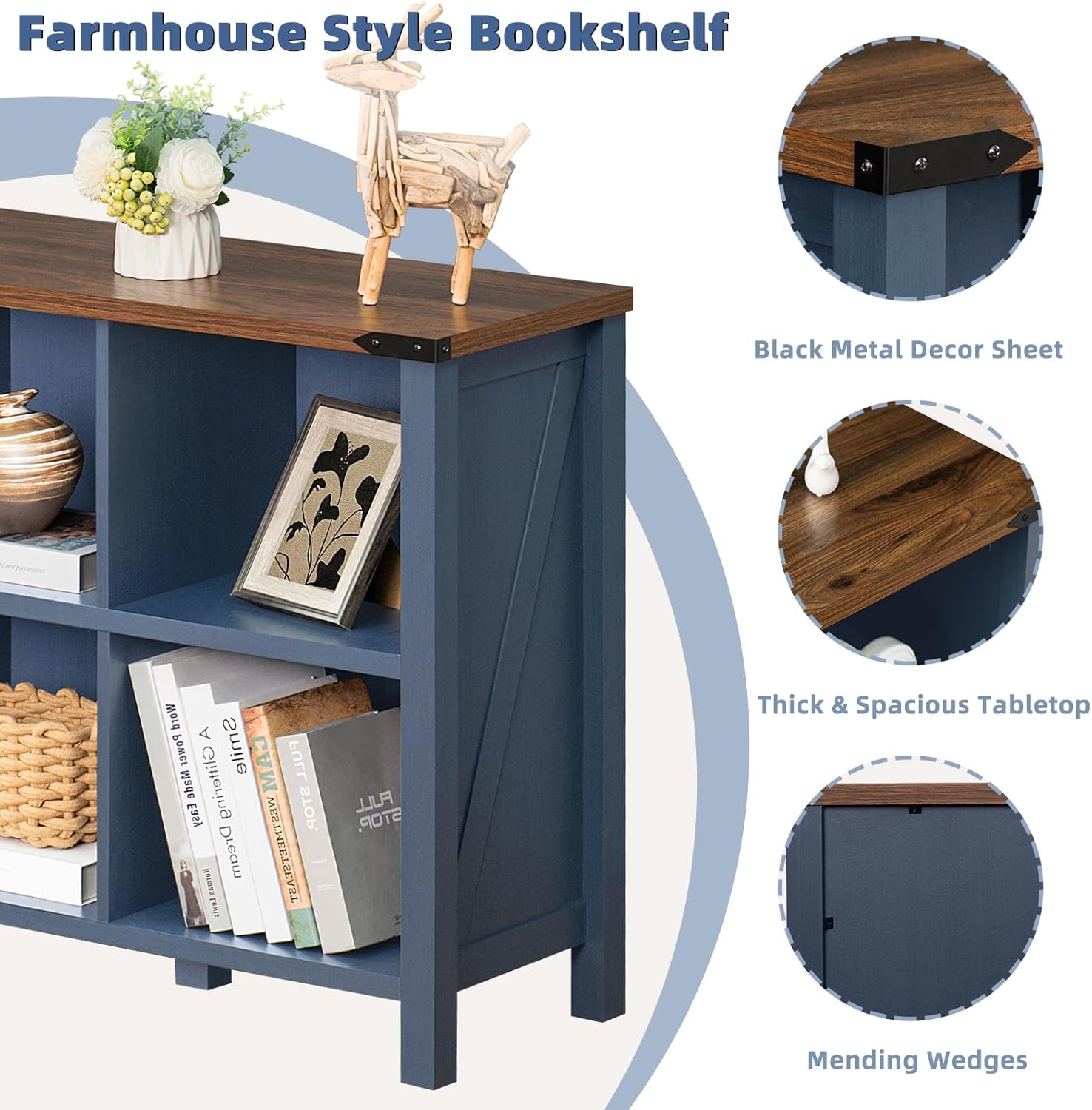 2-1 8 Cube Book Shelf, Farmhouse Wood Long Storage Organizer Bookcase, 62" Horizontal Navy Blue Console Closet Bookshelf, Hallway TV Stand for Entryway, Display Cabinet Book Case for Living Room