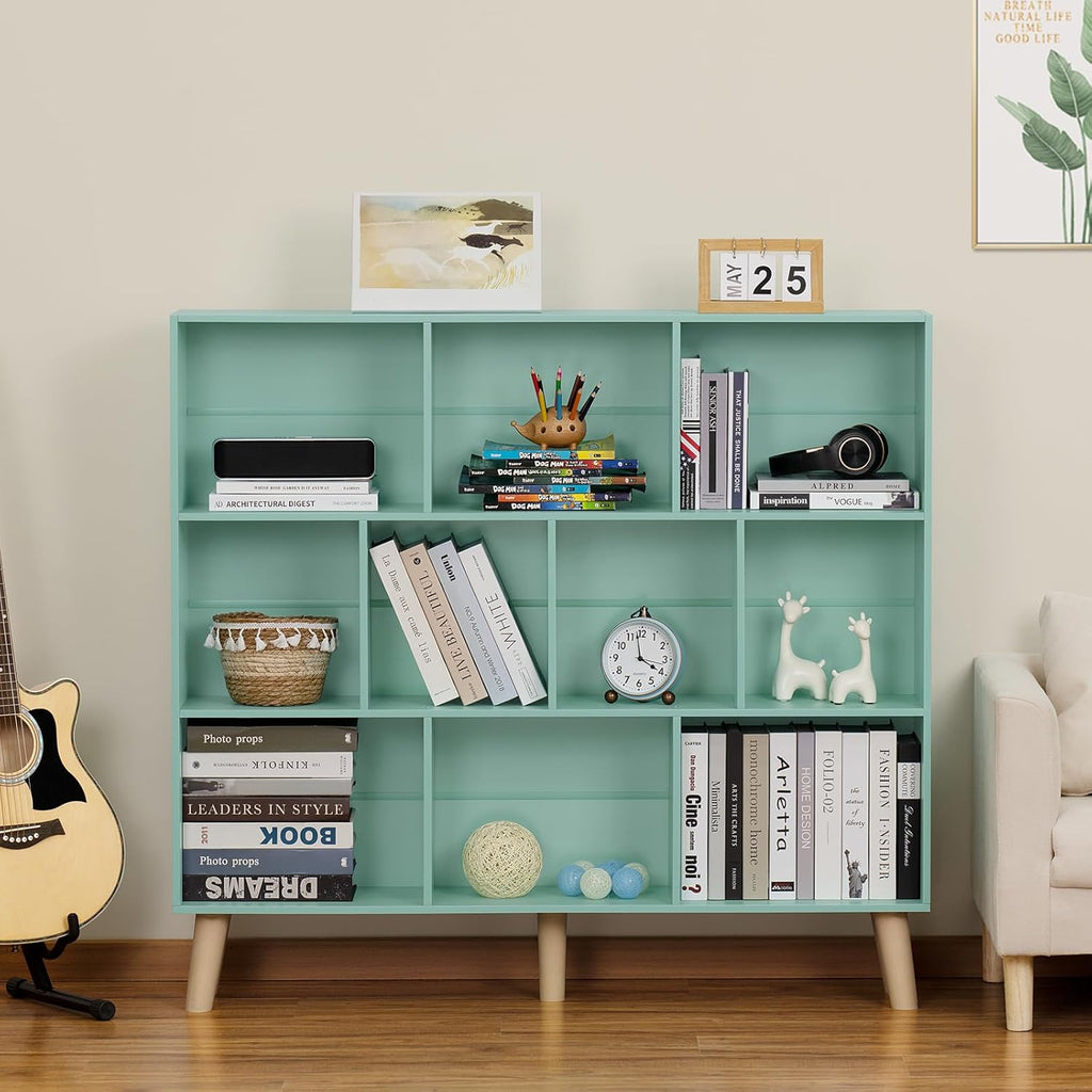 10 Cube Bookshelf,3 Tier Modern Wide Bookcase with Legs,Mid-Century Wood Bookshelves Storage,Large Book Case,Freestanding Organizer Display Shelf for Bedroom,Living Room,Office