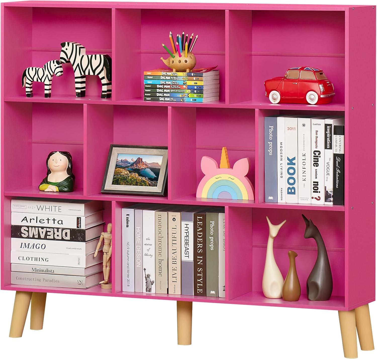 10 Cube Bookshelf,3 Tier Modern Wide Bookcase with Legs,Mid-Century Wood Bookshelves Storage,Large Book Case,Freestanding Organizer Display Shelf for Bedroom,Living Room,Office