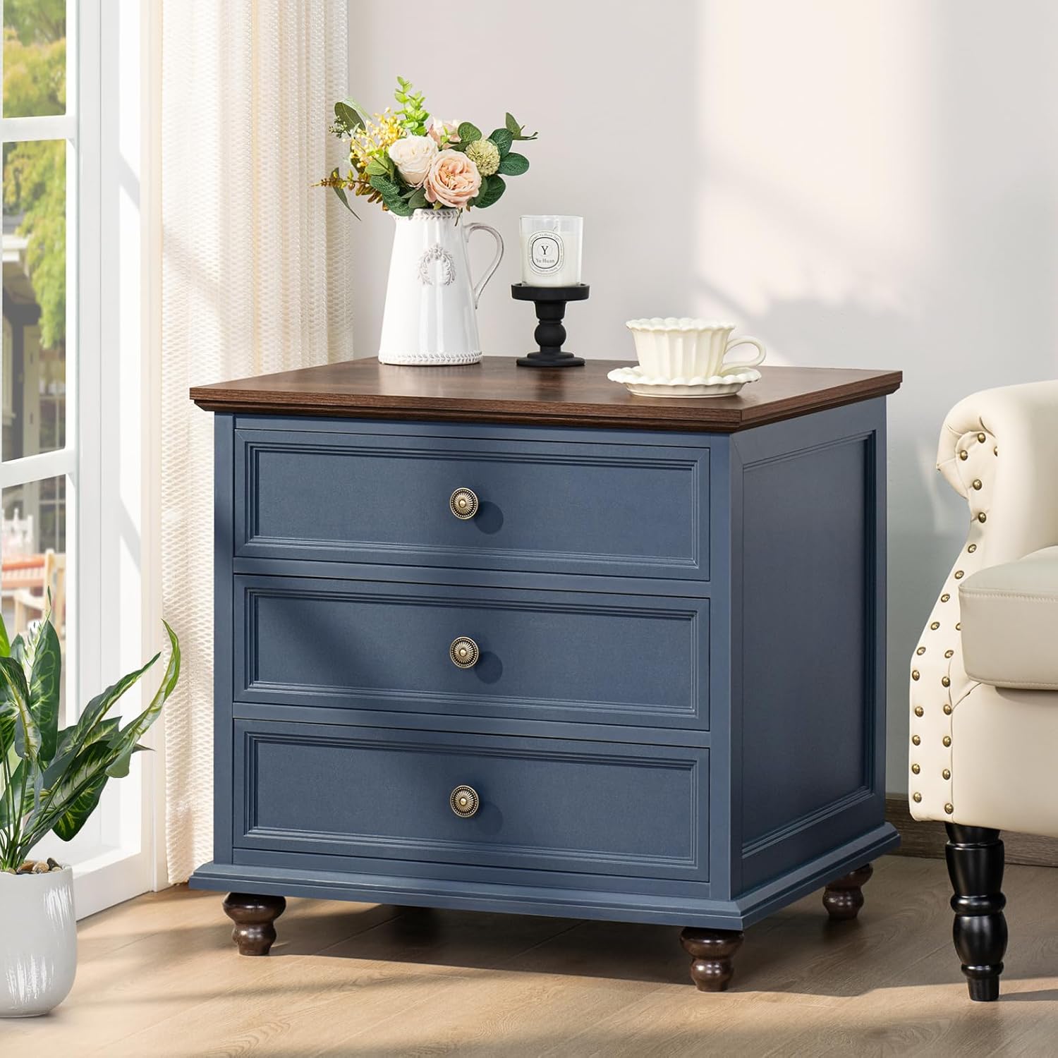 24" Wide Farmhouse Night Stand,Large End Table with 3 Drawers & Metal Handle,Dresser for Bedroom, Wood Bed Side Table Chest of Drawers Cabinet, Retro Brown Nightstand for Living Room,Closet