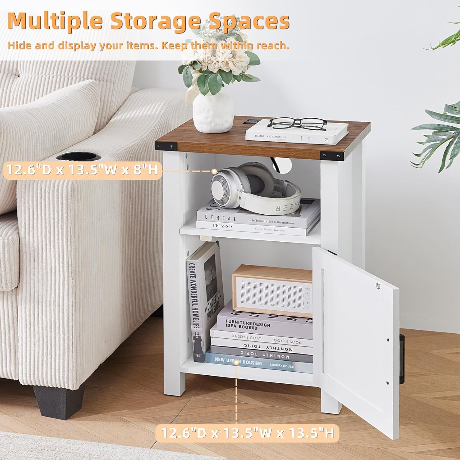 18" Farmhouse Nightstand with Charging Station,Wood Night Stand with Open Storage Shelf, Rustic Bedside End Table for Bedroom,Rectangular Modern Sofa Couch Side Table for Living Room