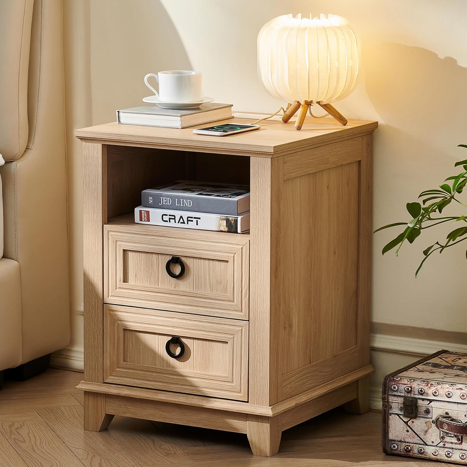18" Farmhouse Night Stand with Charging Station, 2 Drawers End Table Dresser for Bedroom, Black Wooden Nightstand, Bed Side Table with Open Shelf, Bedside Cabinet for Living Room, Closet