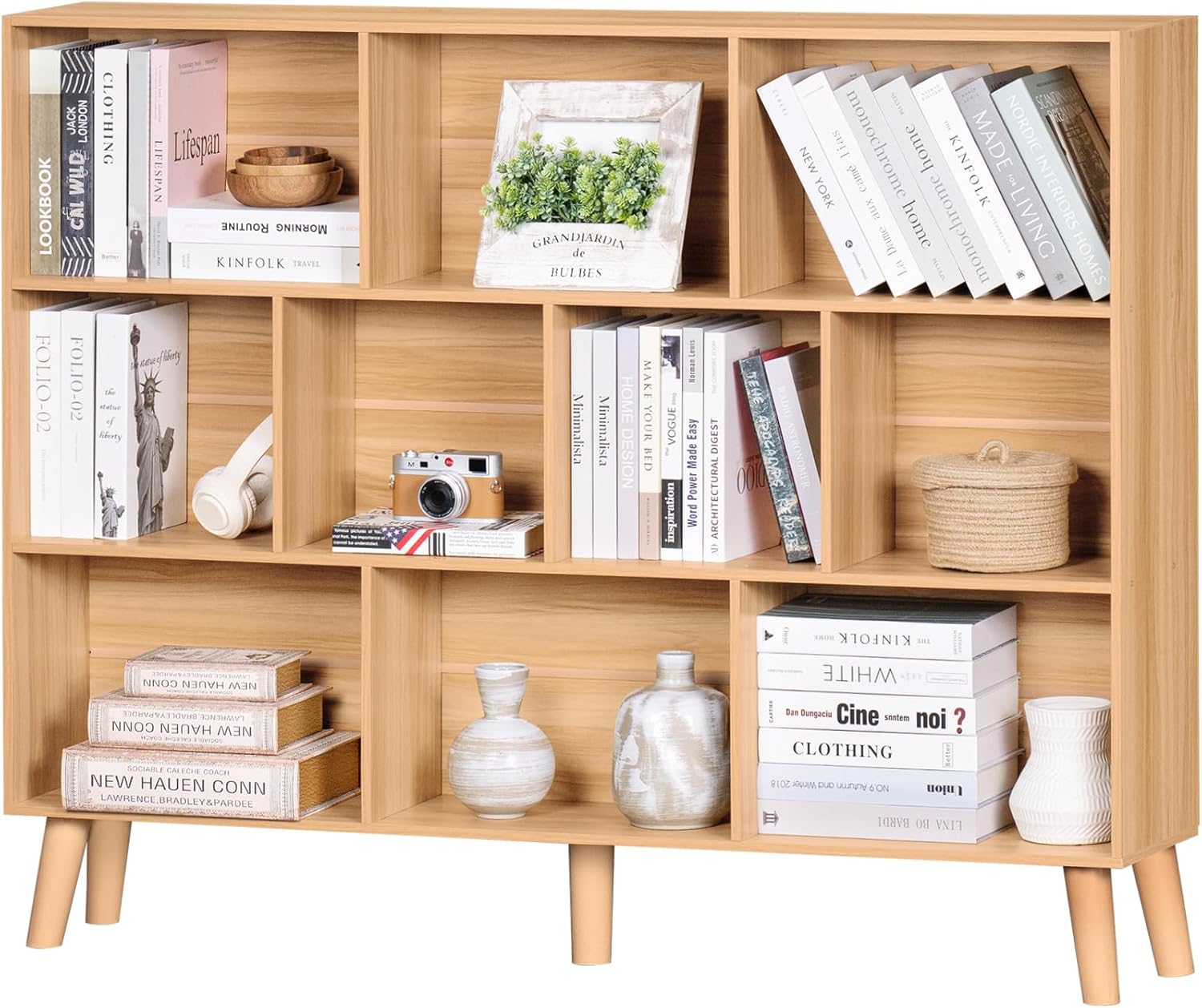 10 Cube Bookshelf,3 Tier 55.12" Wide Boho Bookcase with Legs,Mid-Century Wood Bookshelves Storage,Natural Large Book Case,Freestanding Organizer Display Shelf for Bedroom,Living Room,Office