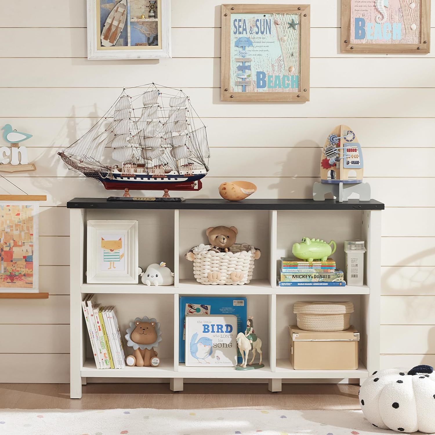 1-5 Farmhouse 6 Cube Bookshelf, Antique White & Black Wooden Storage Organizer Book Shelf, 47" Cubby Hallway Bookcase, Kids Toy Storage Cabinet, Modern Open Book Case for Living Room, Playroom