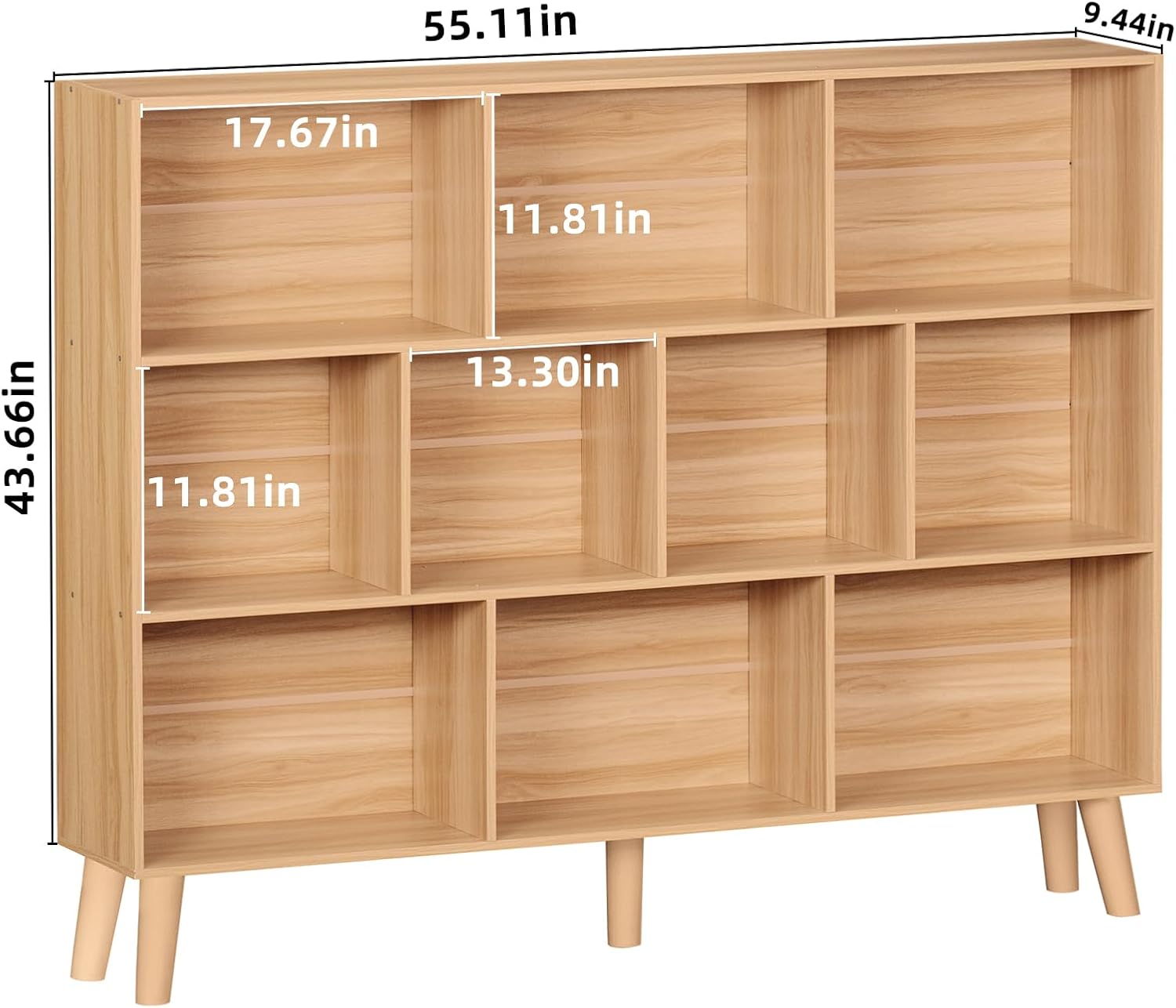 10 Cube Bookshelf,3 Tier 55.12" Wide Boho Bookcase with Legs,Mid-Century Wood Bookshelves Storage,Natural Large Book Case,Freestanding Organizer Display Shelf for Bedroom,Living Room,Office