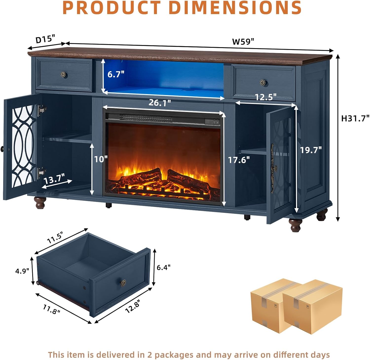Farmhouse Fireplace TV Stand, 59" Entertainment Center with Electric Fireplace & LED Lights for TVs up to 65'', Glass Door Fire Place TV Stands for Living Room, Media Console w/Drawers, Blue
