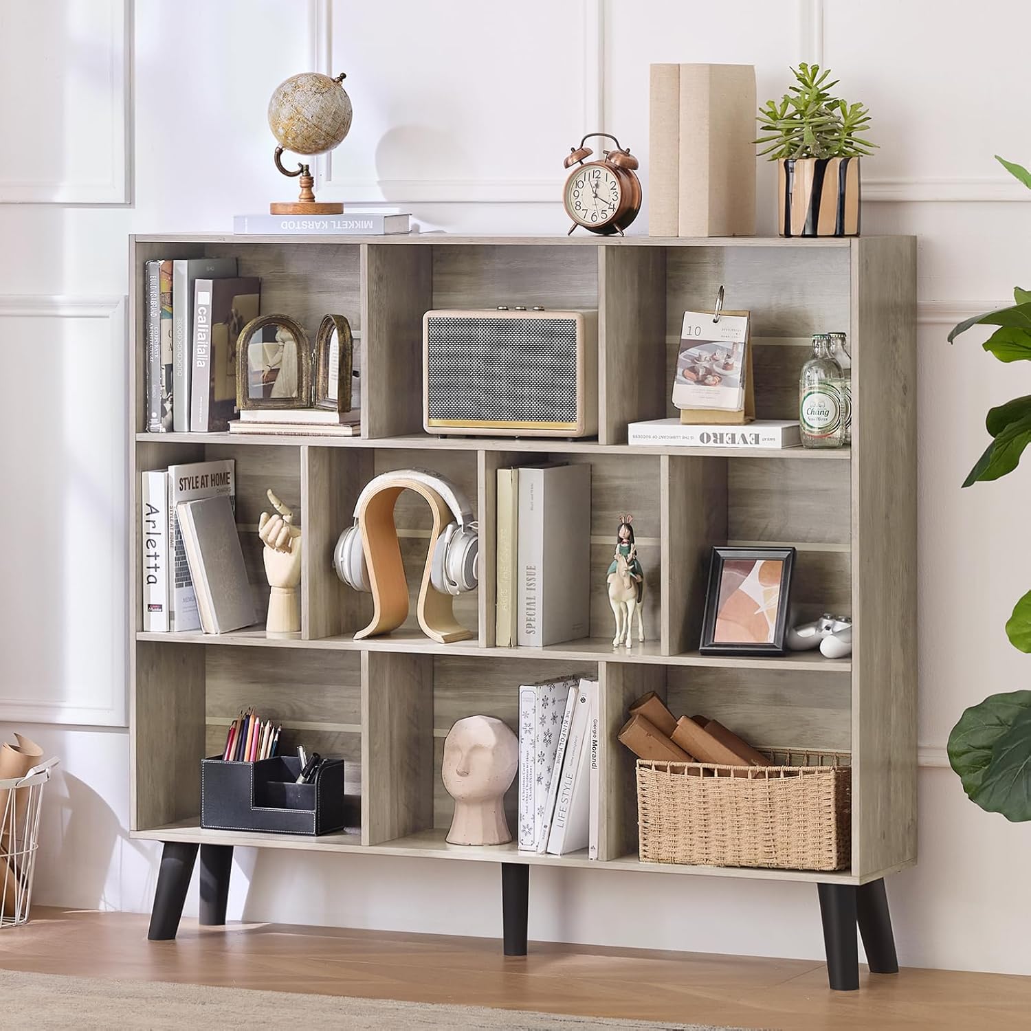 10 Cube Bookshelf,3 Tier Modern Wide Bookcase with Legs,Mid-Century Wood Bookshelves Storage,Large Book Case,Freestanding Organizer Display Shelf for Bedroom,Living Room,Office