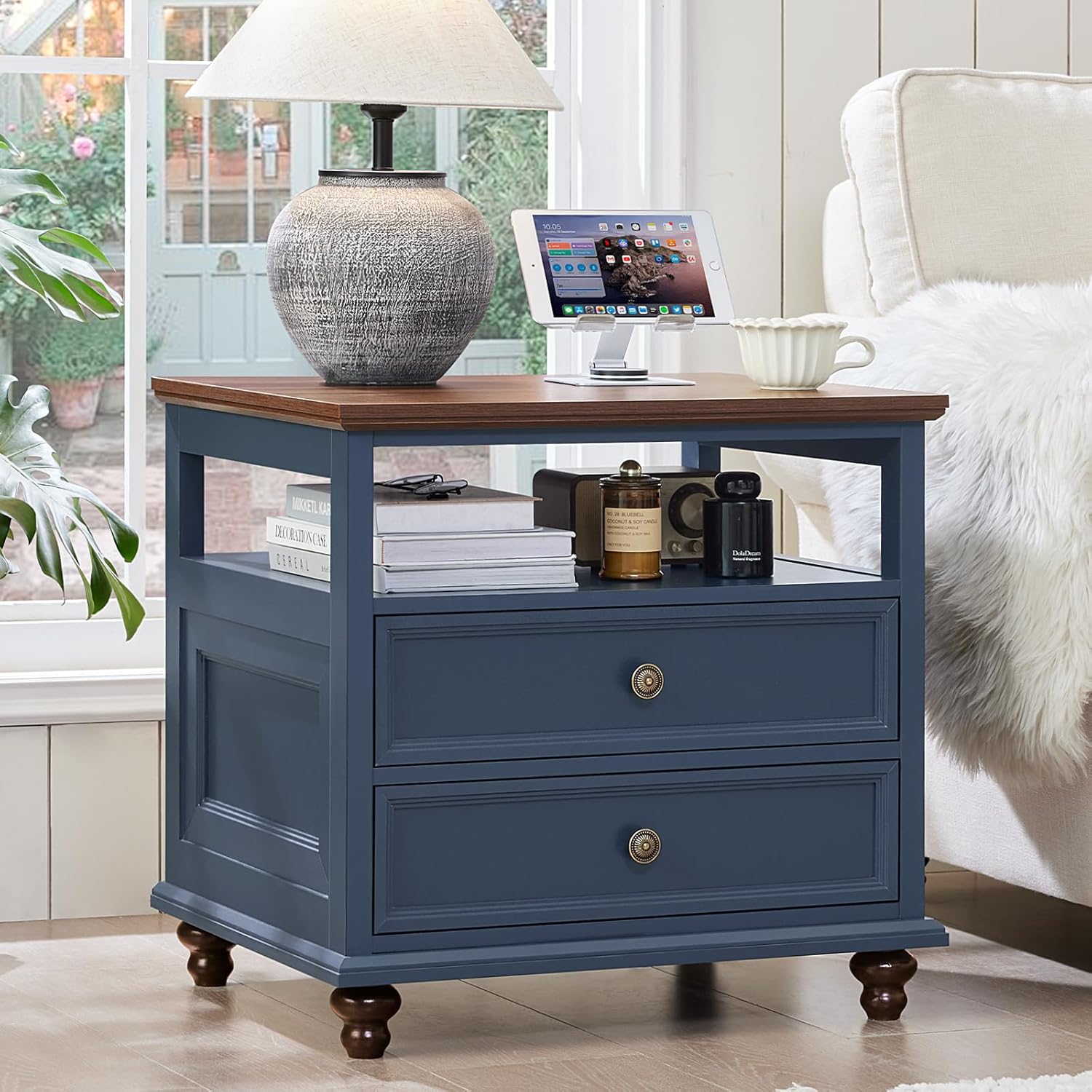24" Wide Farmhouse Night Stand,Large End Table with 2 Drawers & Metal Handle,Wood Dresser for Bedroom,Bed Side Table Chest of Drawers Cabinet,Nightstand for Living Room,Closet