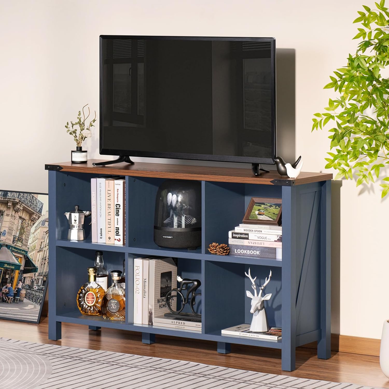 1-1 6 Cube Bookcase, Farmhouse Wood Low Storage Organizer Book Shelf, 47" Horizontal Navy Blue Console Bookshelf with Legs, Hallway Book Case for Entryway, Display Cabinet for Living Room, Office