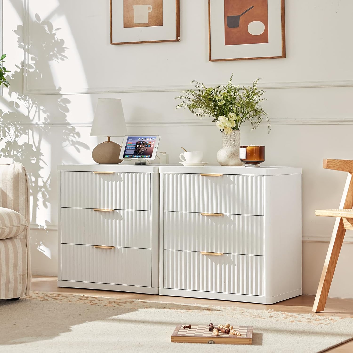 23" Wide Fluted Night Stand with Charging Station,3 Drawers Large End Table with Storage,White Nightstand Wood Bedside Tables, Farmhouse Cabinet Dresser for Bedroom,Closet