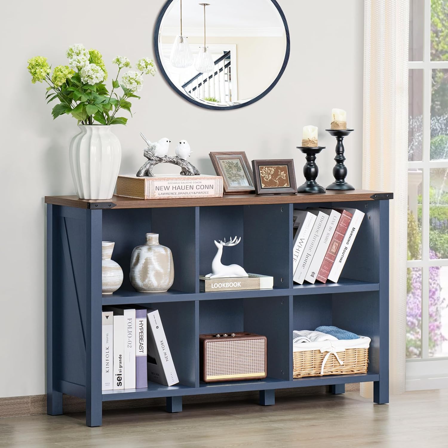1-1 6 Cube Bookcase, Farmhouse Wood Low Storage Organizer Book Shelf, 47" Horizontal Navy Blue Console Bookshelf with Legs, Hallway Book Case for Entryway, Display Cabinet for Living Room, Office