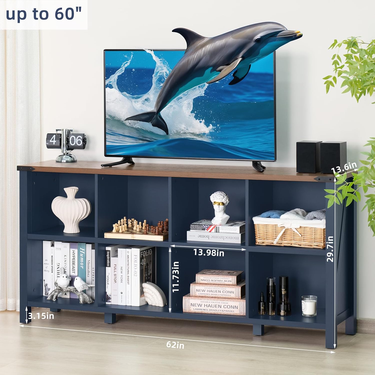2-1 8 Cube Book Shelf, Farmhouse Wood Long Storage Organizer Bookcase, 62" Horizontal Navy Blue Console Closet Bookshelf, Hallway TV Stand for Entryway, Display Cabinet Book Case for Living Room