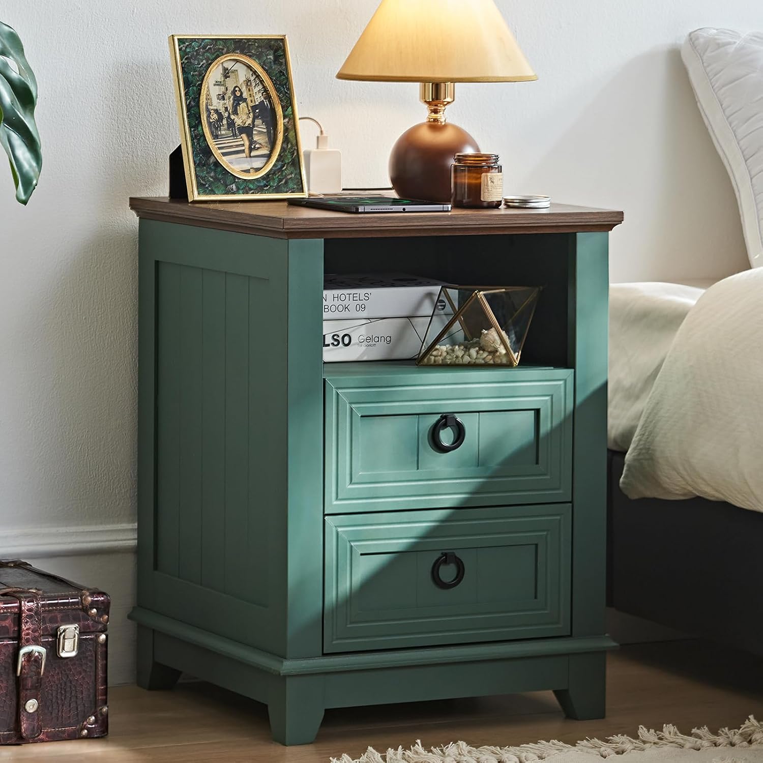 18" Farmhouse Night Stands Set of 2 with 3 Drawers, Wood Bedside End Table, Natural Nightstand, Bed Side Table Cabinet with Metal Handle for Bedroom Living Room, Closet