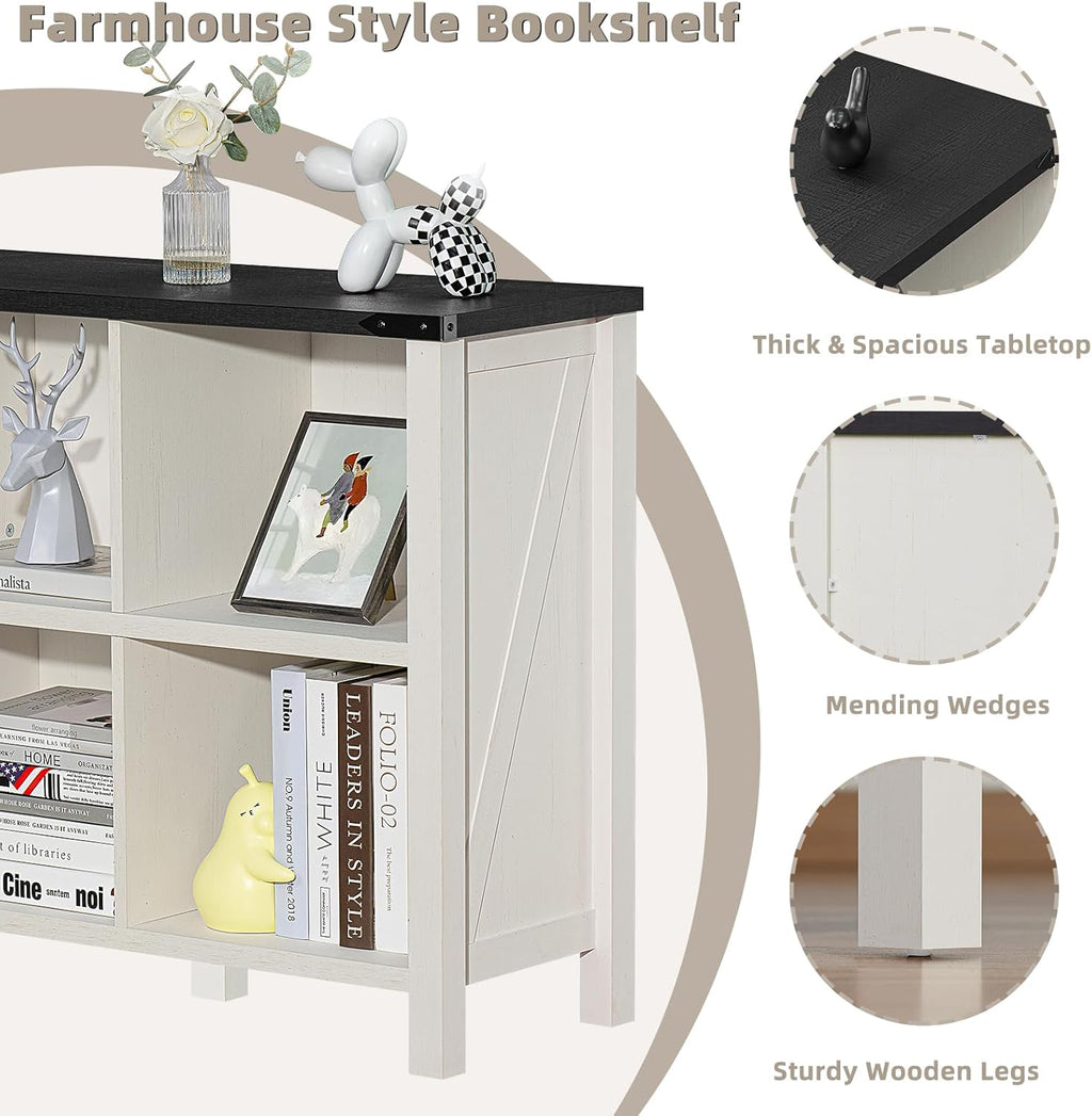 1-5 Farmhouse 6 Cube Bookshelf, Antique White & Black Wooden Storage Organizer Book Shelf, 47" Cubby Hallway Bookcase, Kids Toy Storage Cabinet, Modern Open Book Case for Living Room, Playroom