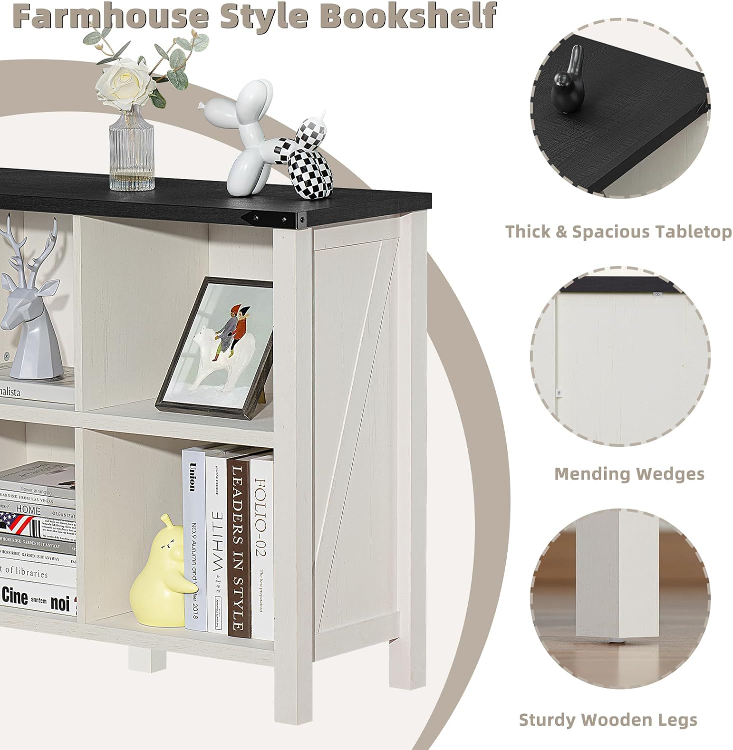 1-5 Farmhouse 6 Cube Bookshelf, Antique White & Black Wooden Storage Organizer Book Shelf, 47" Cubby Hallway Bookcase, Kids Toy Storage Cabinet, Modern Open Book Case for Living Room, Playroom