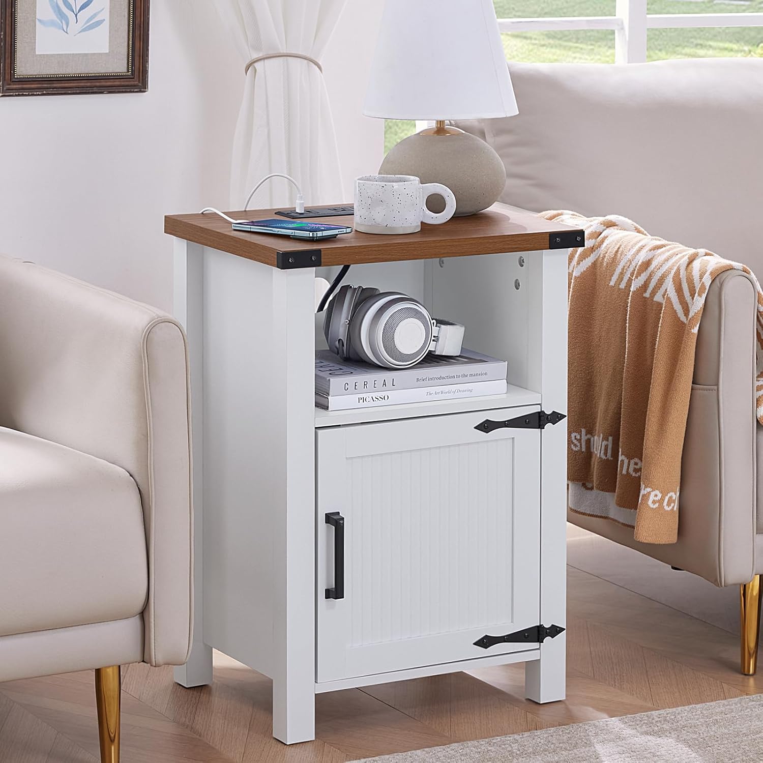 18" Farmhouse Nightstand with Charging Station,Wood Night Stand with Open Storage Shelf, Rustic Bedside End Table for Bedroom,Rectangular Modern Sofa Couch Side Table for Living Room