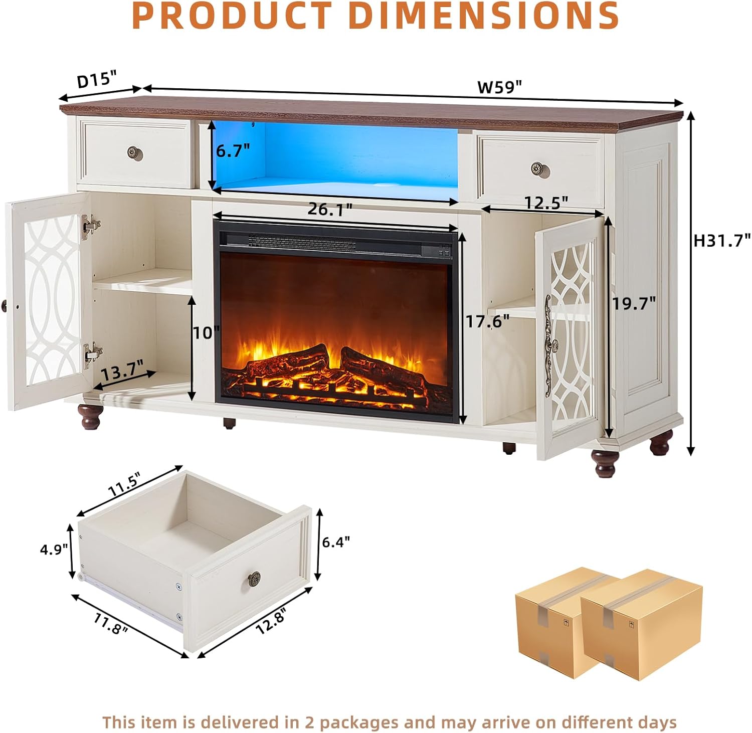 Farmhouse White Fireplace TV Stand, 59" Entertainment Center with Electric Fireplace & LED Lights for TVs up to 65'', Glass Door Fire Place TV Stands for Living Room, Media Console w/Drawers