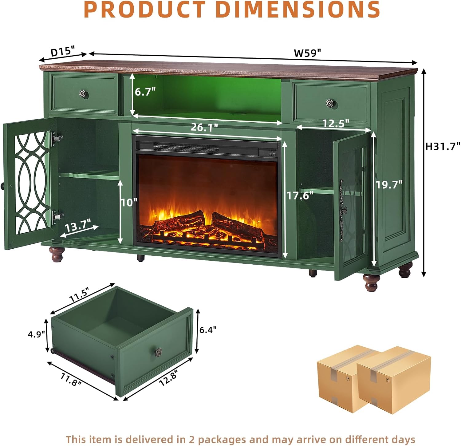 Farmhouse Fireplace TV Stand, 59" Entertainment Center with Electric Fireplace & LED Lights for TVs up to 65'', Glass Door Fire Place TV Stands for Living Room, Media Console w/Drawers,Green