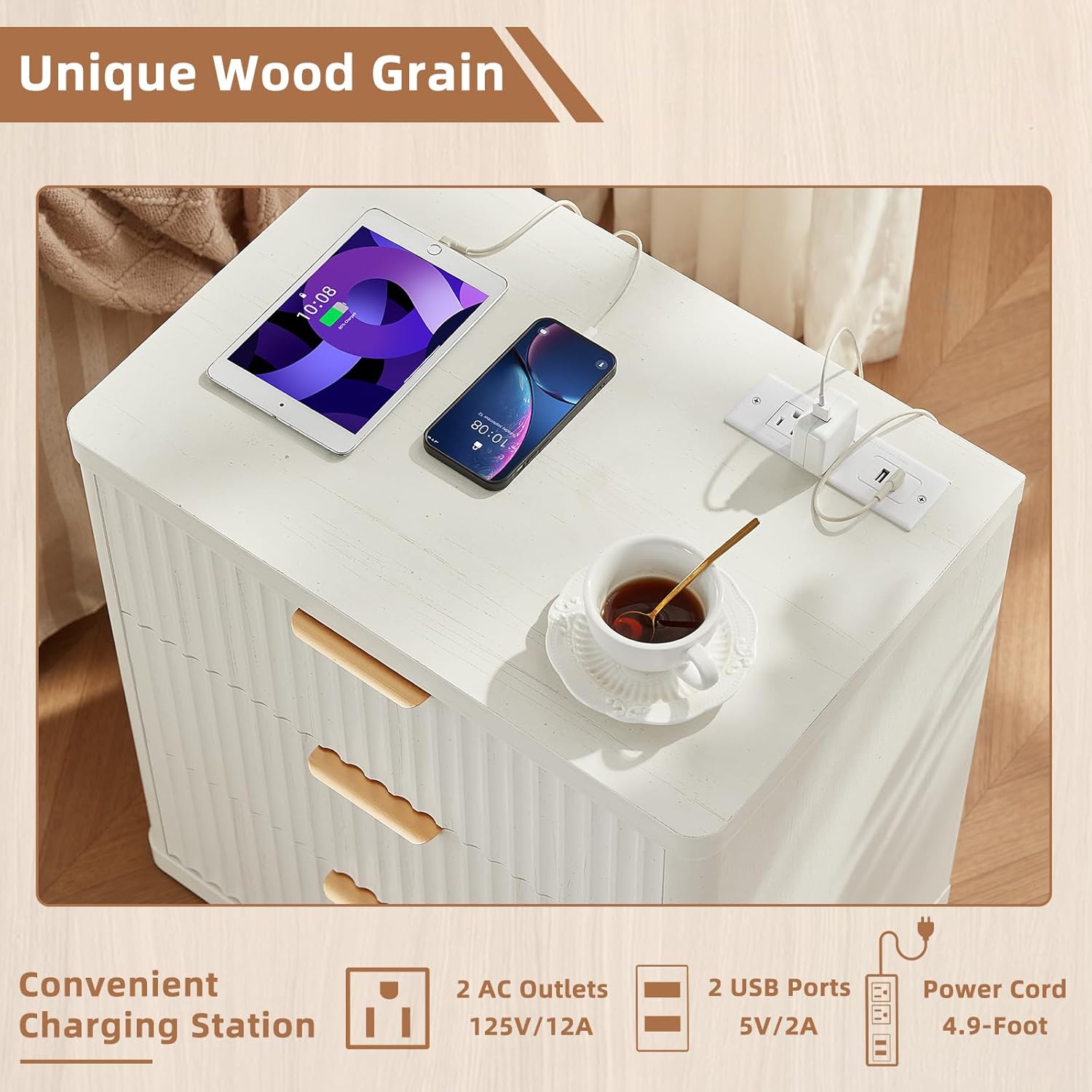 23" Wide Fluted Night Stand with Charging Station,3 Drawers Large End Table with Storage,White Nightstand Wood Bedside Tables, Farmhouse Cabinet Dresser for Bedroom,Closet