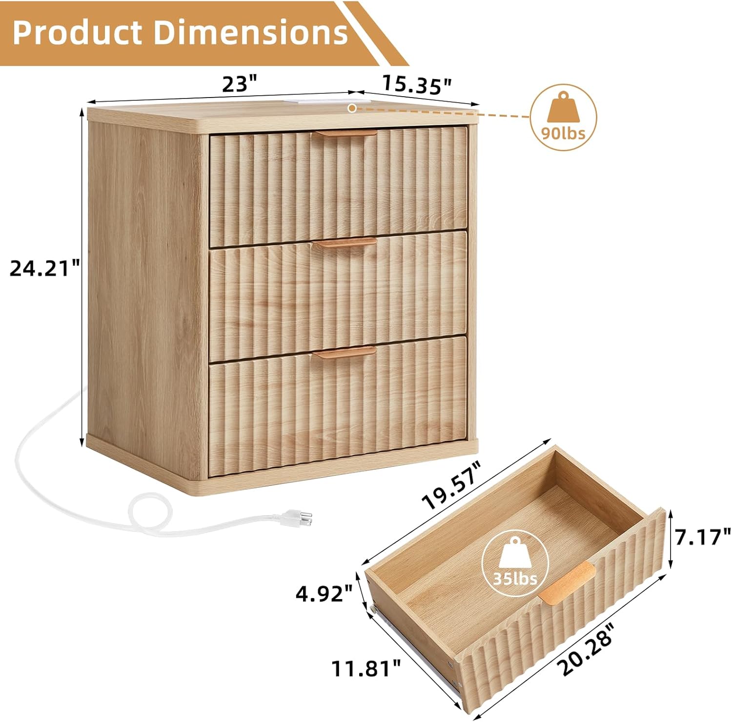 23" Wide Fluted Night Stand with Charging Station, 3 Drawers Large End Table with Storage,Nightstand Wood Bedside Tables, Farmhouse Cabinet Dresser for Bedroom,Closet