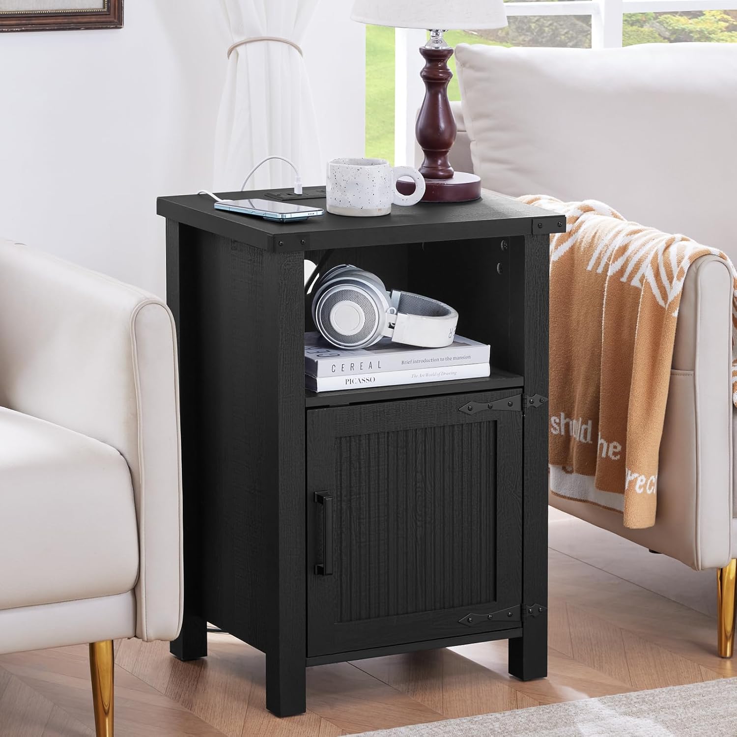 18" Farmhouse Nightstand with Charging Station,Wood Night Stand with Open Storage Shelf, Rustic Bedside End Table for Bedroom,Rectangular Modern Sofa Couch Side Table for Living Room